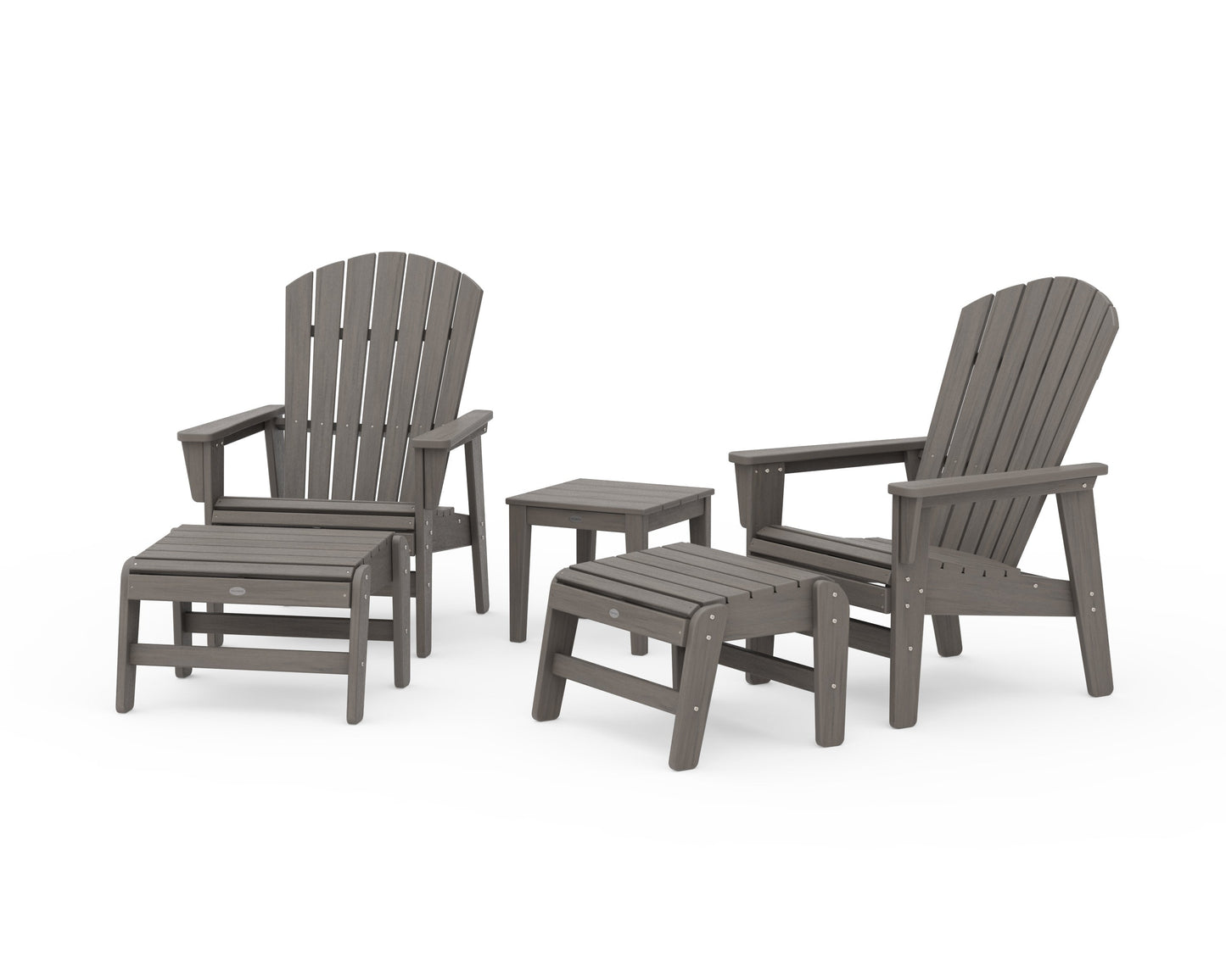 POLYWOOD 5-Piece Nautical Grand Upright Adirondack Set with Ottomans and Side Table — Driftwood