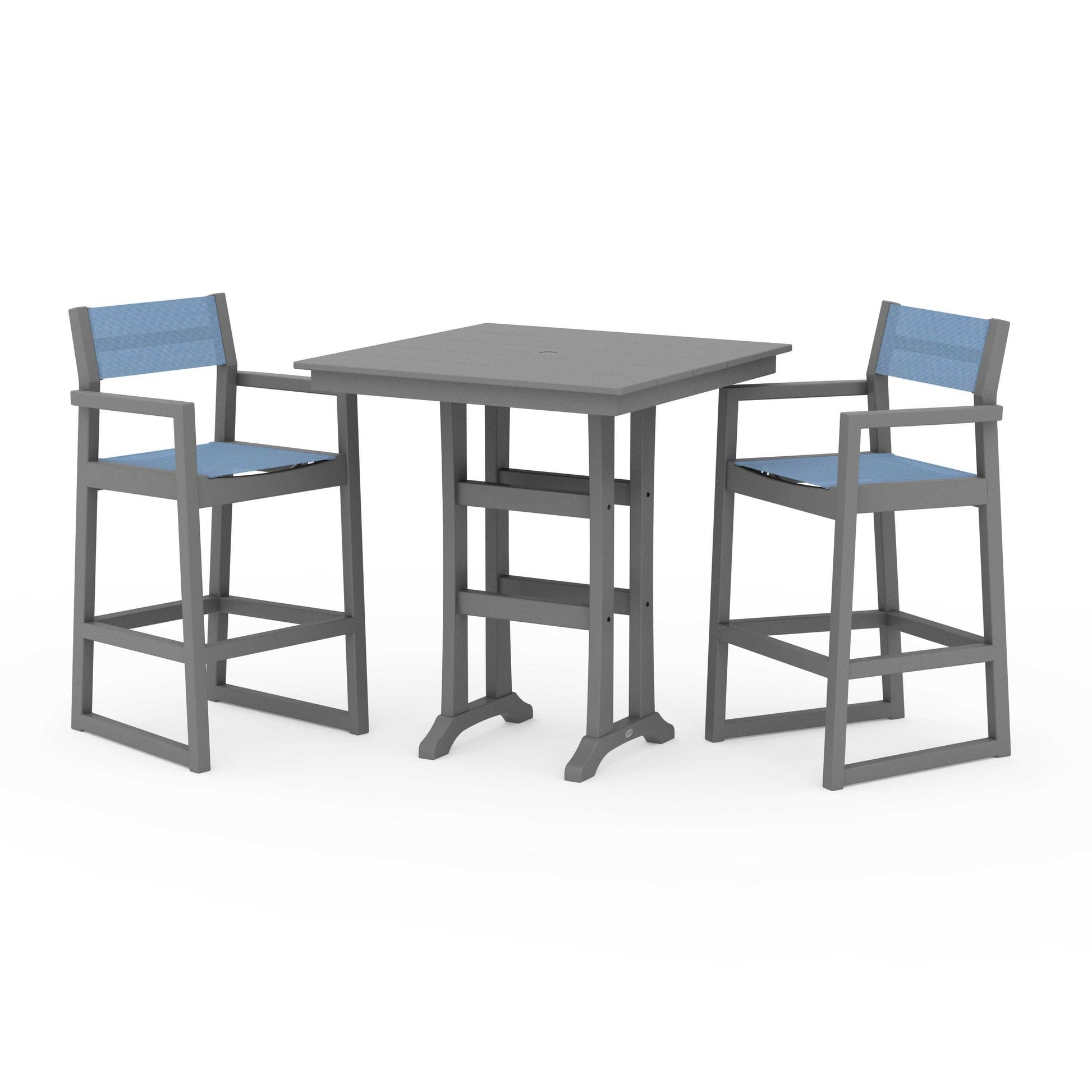 POLYWOOD EDGE Sling Arm Chair 3-Piece Farmhouse Bar Set with Trestle Legs — Slate Grey / Poolside Sling
