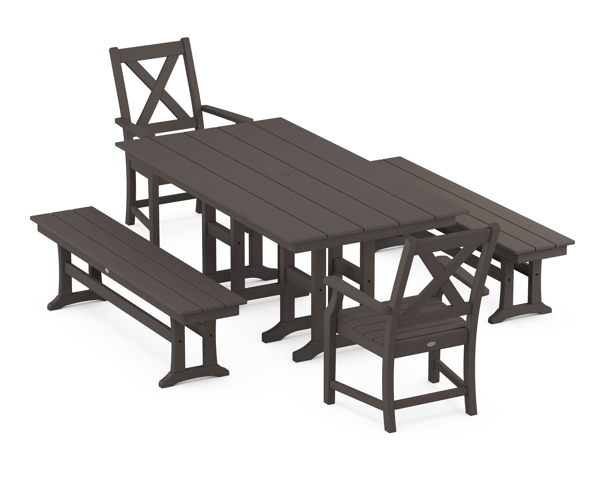 POLYWOOD Braxton 5-Piece Farmhouse Dining Set with Benches — Vintage Coffee