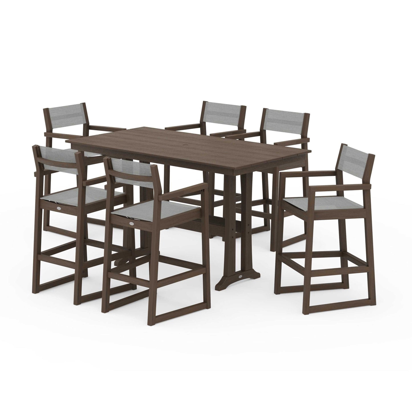 POLYWOOD EDGE Sling Arm Chair 7-Piece Farmhouse Bar Set with Trestle Legs — Kona / Metallic Sling