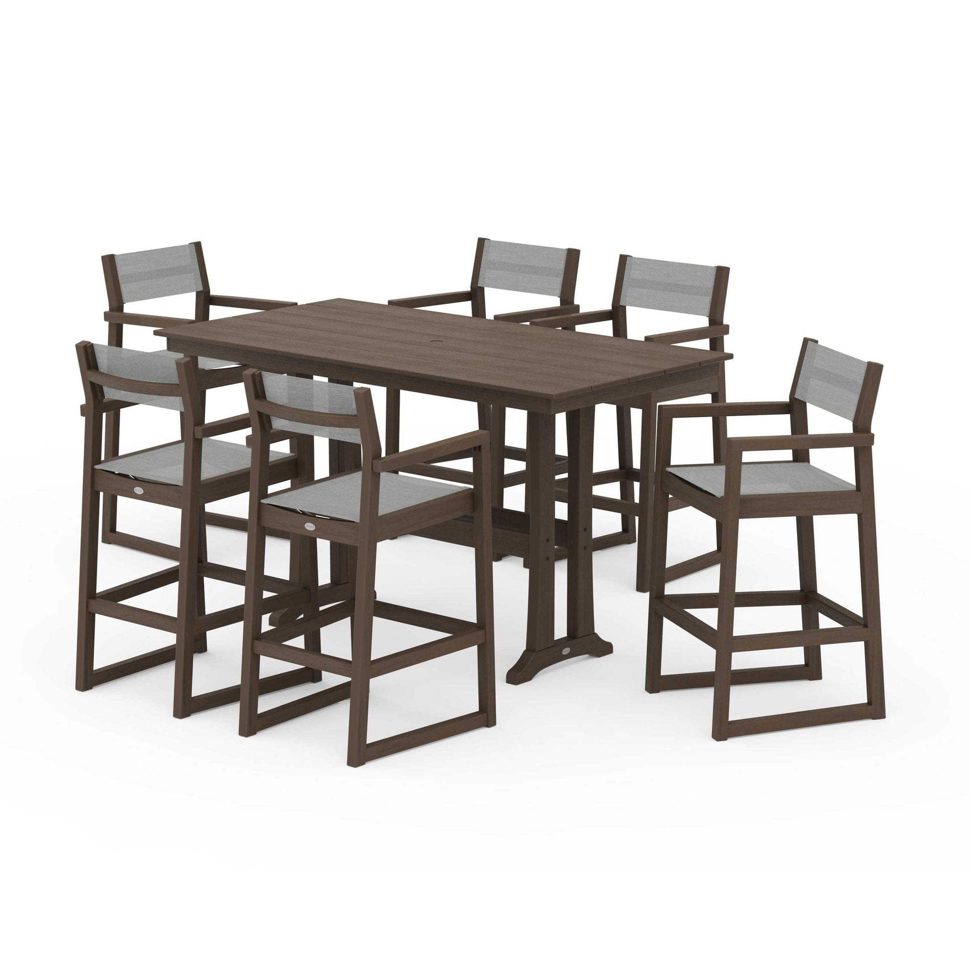POLYWOOD EDGE Sling Arm Chair 7-Piece Farmhouse Bar Set with Trestle Legs — Kona / Metallic Sling