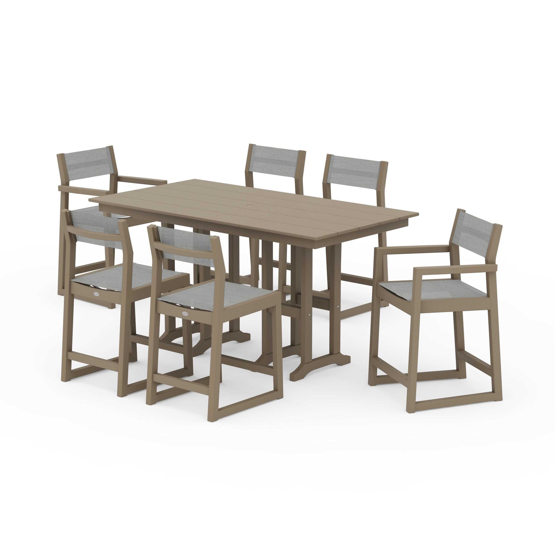 POLYWOOD EDGE Sling 7-Piece Farmhouse Counter Set with Trestle Legs — Vintage Sahara / Metallic Sling