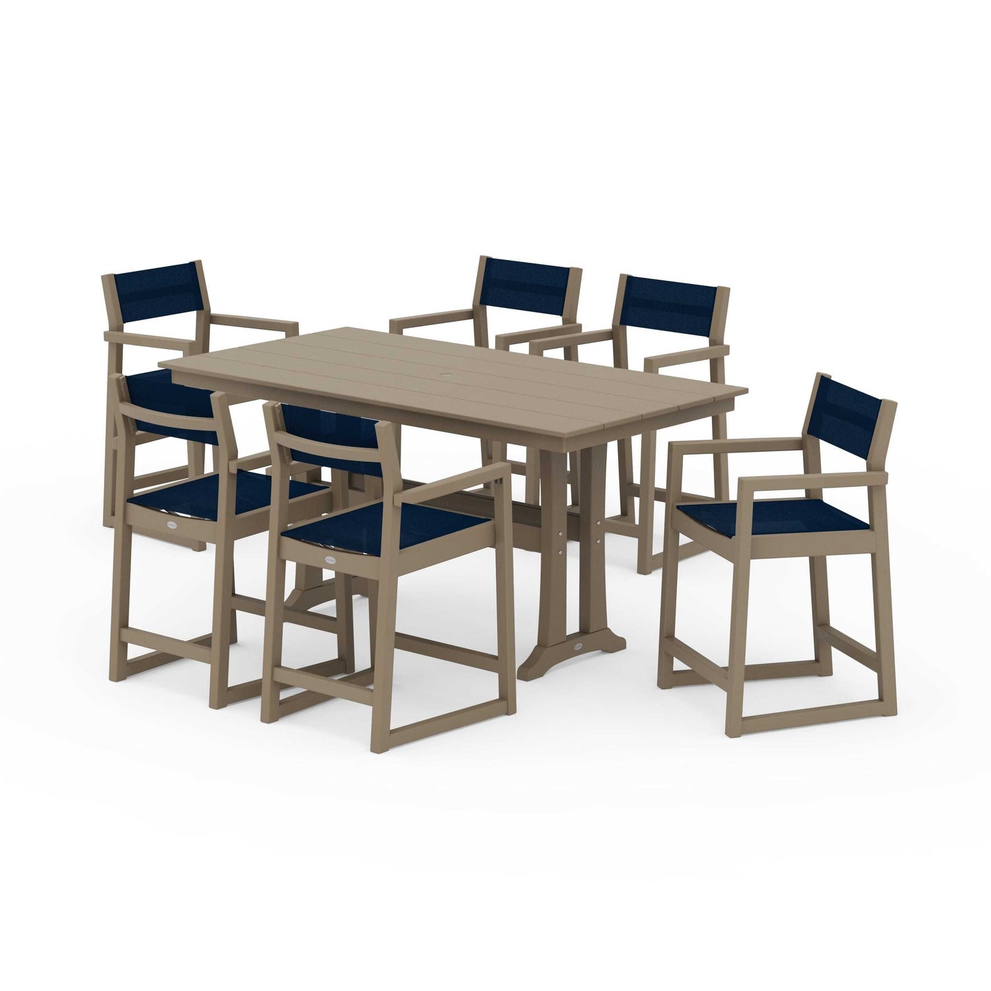 POLYWOOD EDGE Sling Arm Chair 7-Piece Farmhouse Counter Set with Trestle Legs — Vintage Sahara / Navy Blue Sling