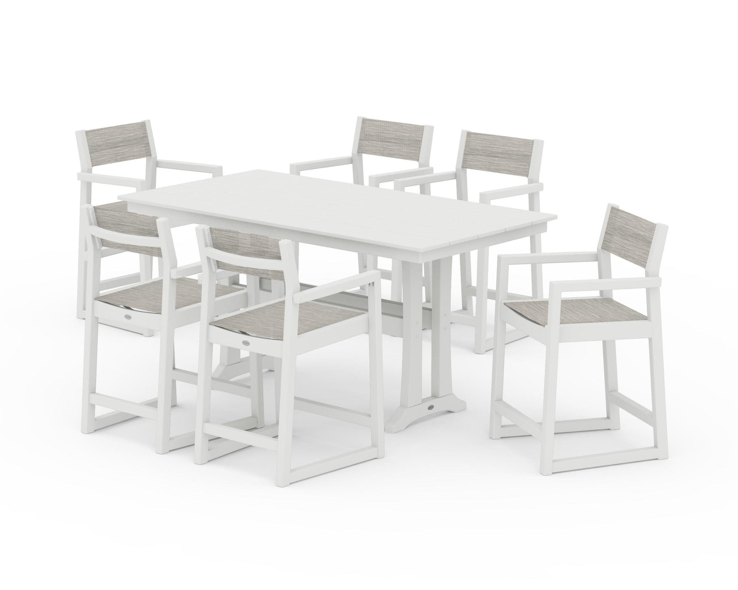 POLYWOOD EDGE Sling Arm Chair 7-Piece Farmhouse Counter Set with Trestle Legs — Vintage White / Birch Sling