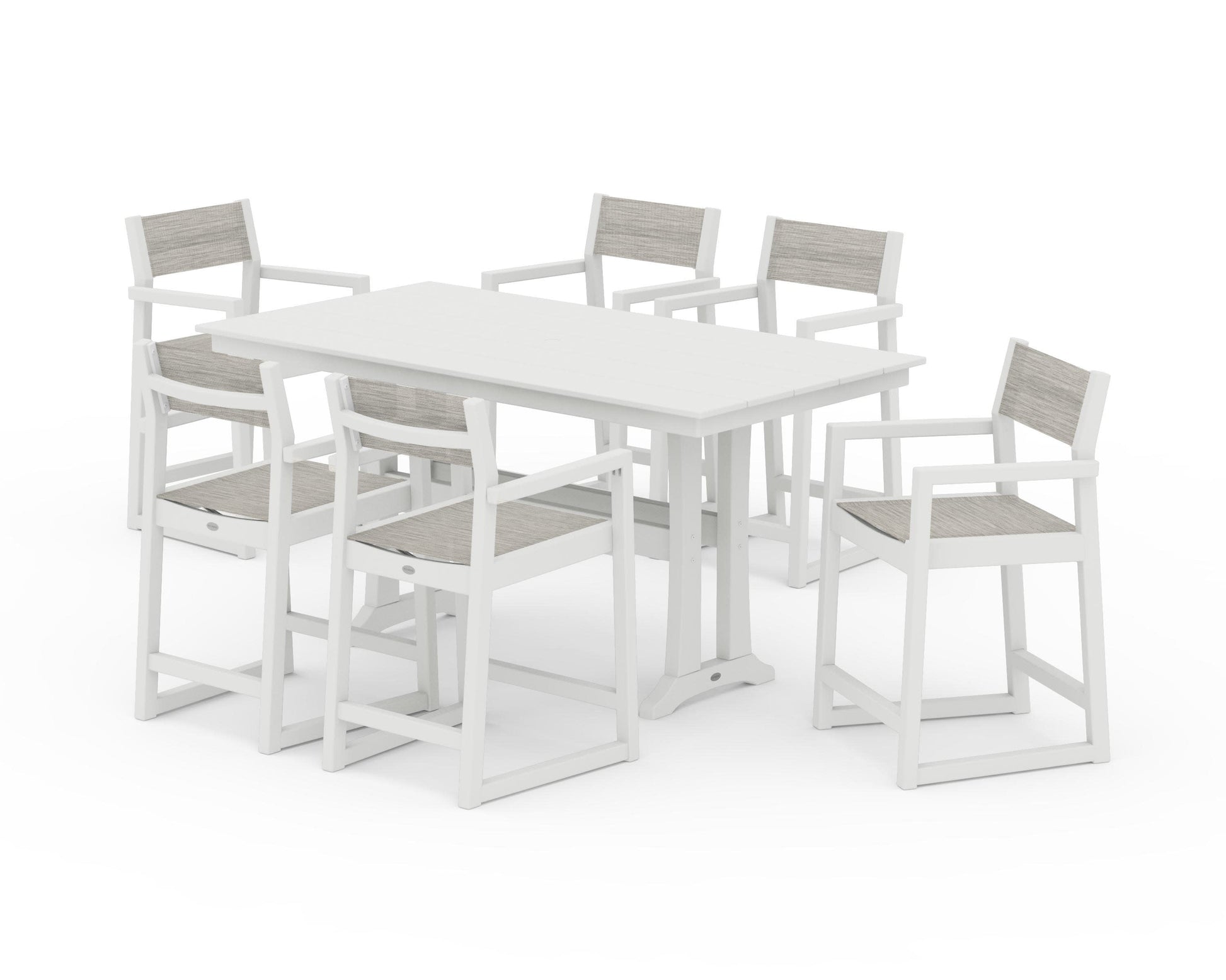 POLYWOOD EDGE Sling Arm Chair 7-Piece Farmhouse Counter Set with Trestle Legs — Vintage White / Birch Sling