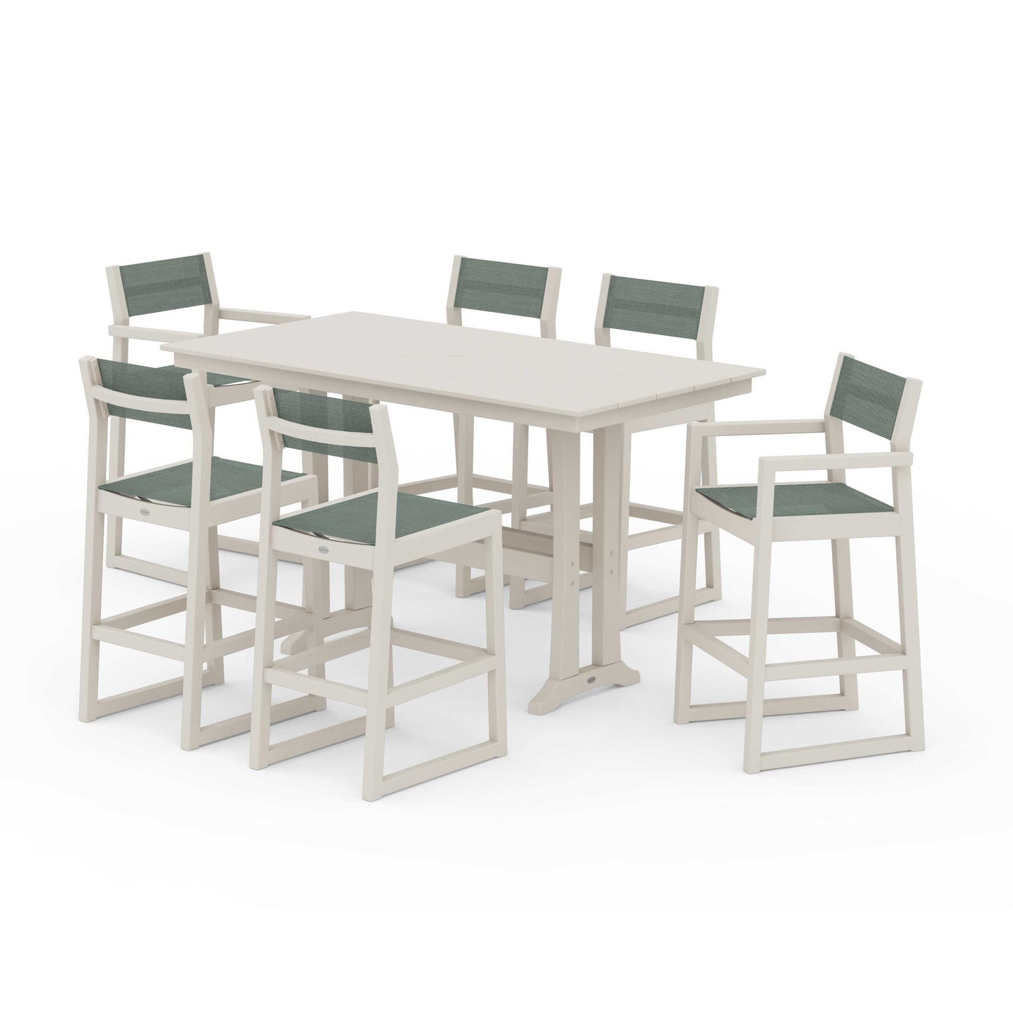 POLYWOOD EDGE Sling 7-Piece Farmhouse Bar Set with Trestle Legs — Sand / Dupioni Sea Mist Sling