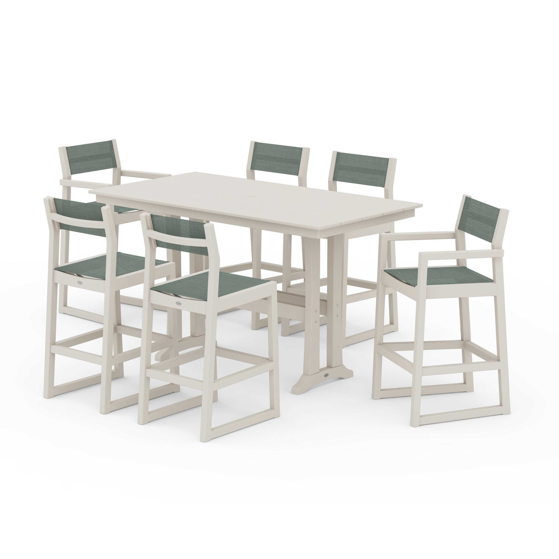 POLYWOOD EDGE Sling 7-Piece Farmhouse Bar Set with Trestle Legs — Sand / Dupioni Sea Mist Sling