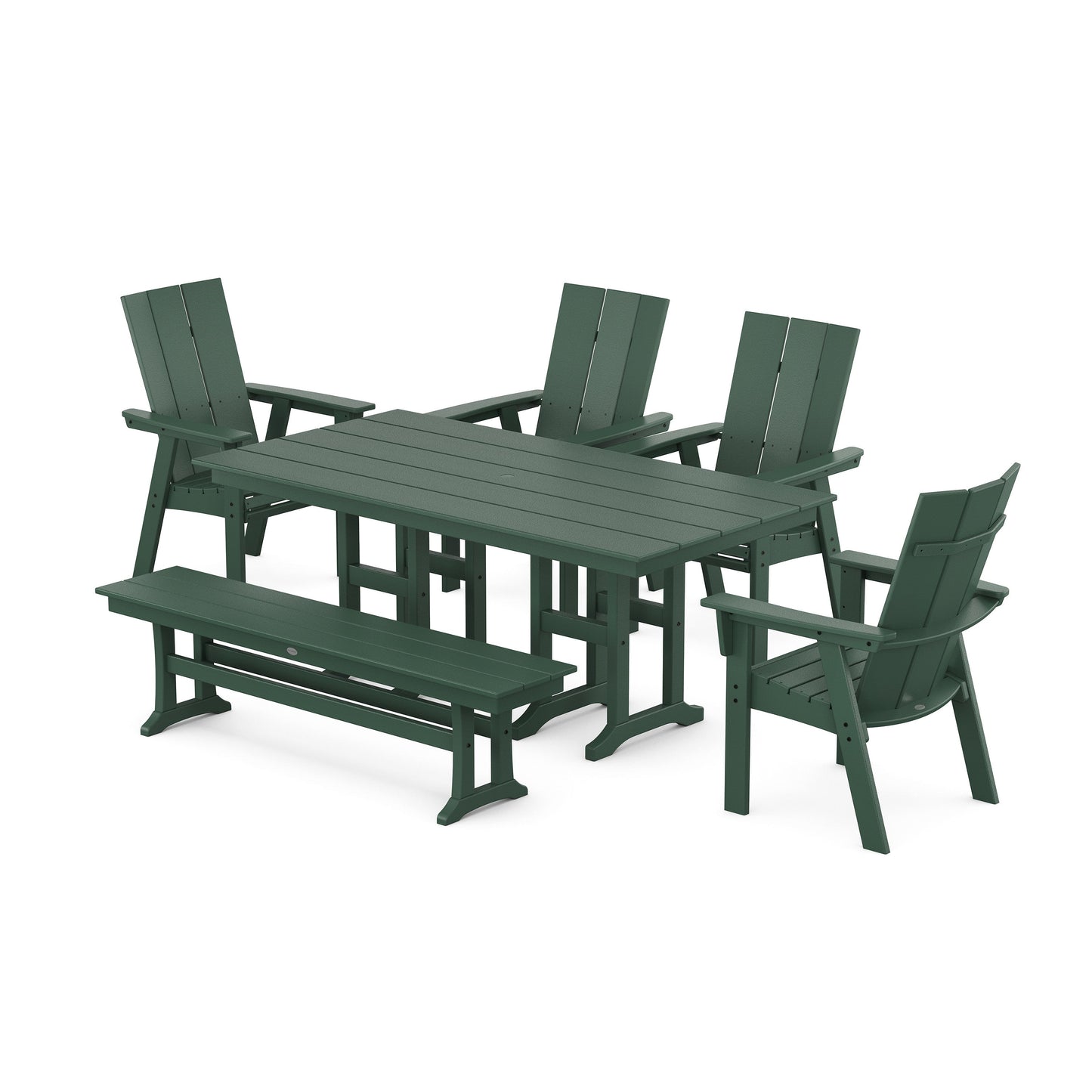 POLYWOOD Modern Curveback Adirondack 6-Piece Farmhouse Dining Set with Bench — Green
