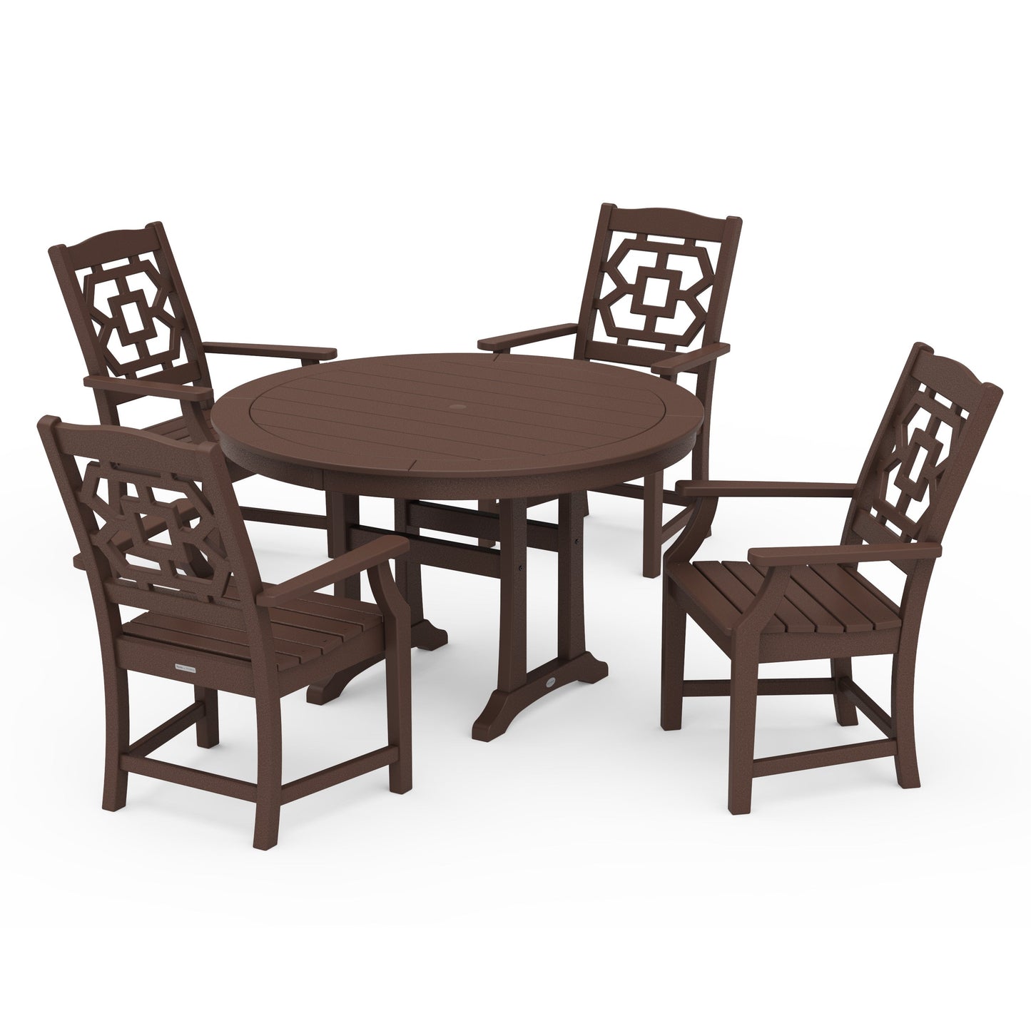 POLYWOOD Chinoiserie 5-Piece Round Dining Set with Trestle Legs — Mahogany