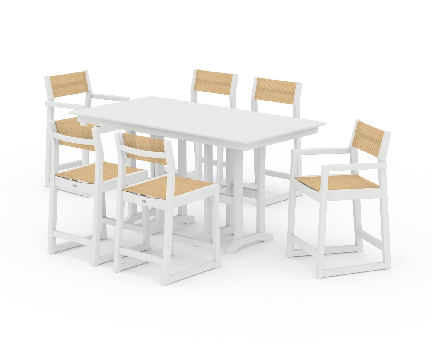 POLYWOOD EDGE Sling 7-Piece Farmhouse Counter Set with Trestle Legs — White / Dupioni Apricot Sling