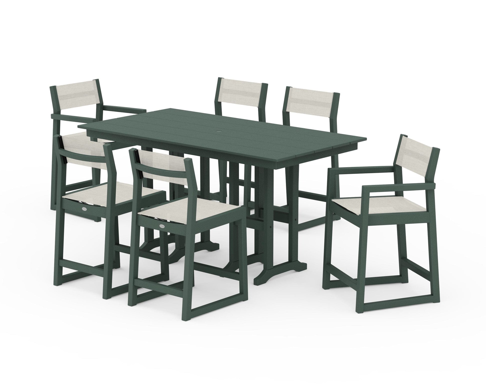 POLYWOOD EDGE Sling 7-Piece Farmhouse Counter Set with Trestle Legs — Green / Parchment Sling