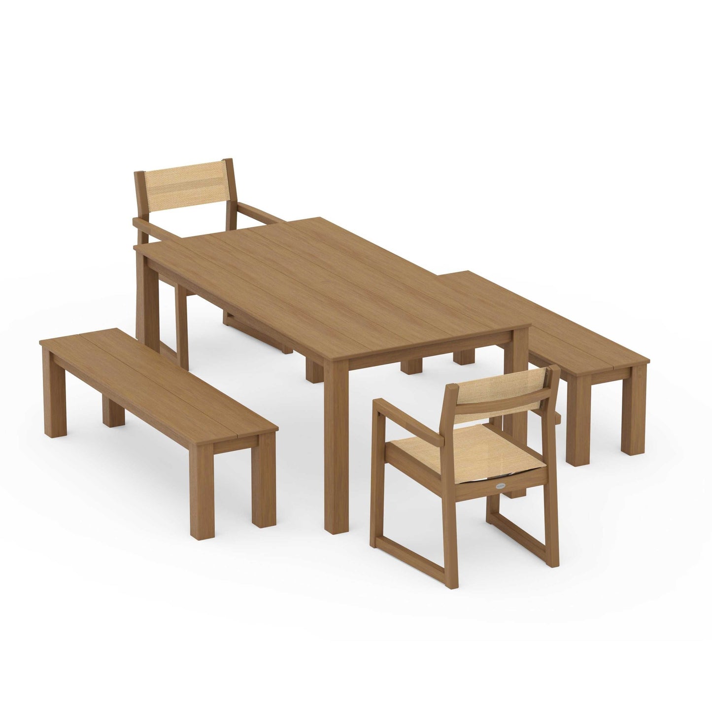 POLYWOOD EDGE Sling Arm Chair 5-Piece Parsons Dining Set with Benches — Natural / Dupioni Apricot Sling