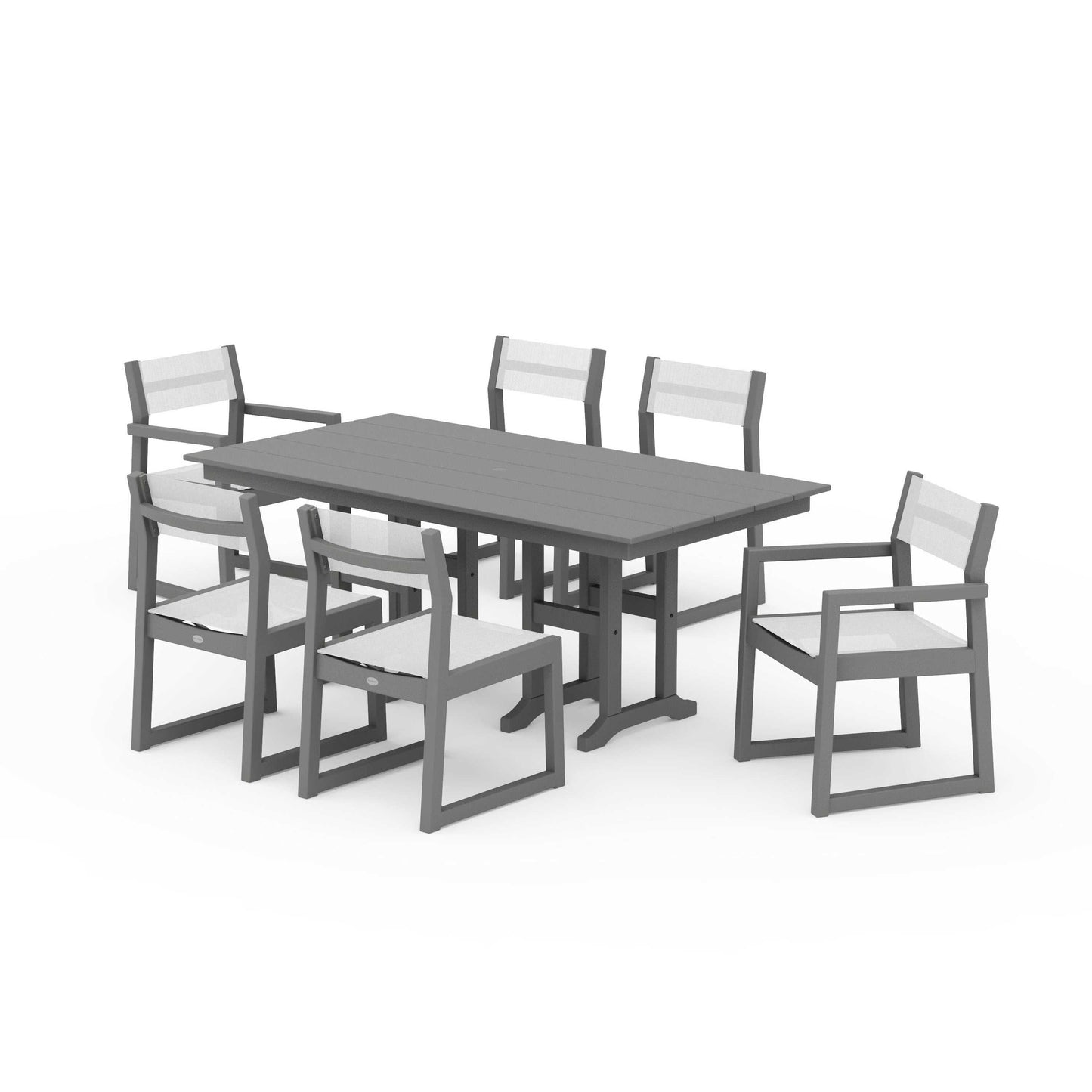 POLYWOOD EDGE Sling 7-Piece Farmhouse Dining Set — Slate Grey / White Sling
