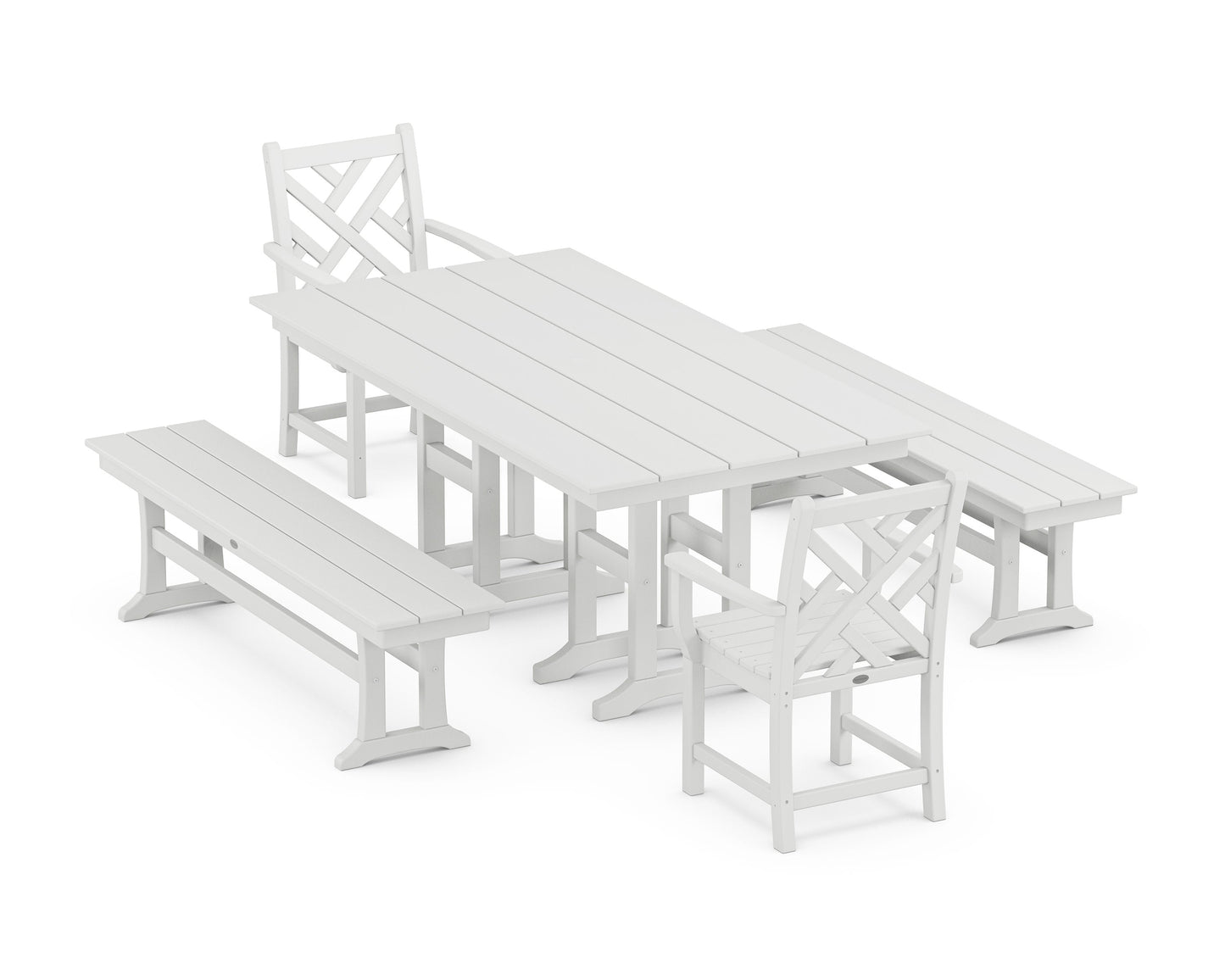 POLYWOOD Chippendale 5-Piece Farmhouse Dining Set with Benches — White