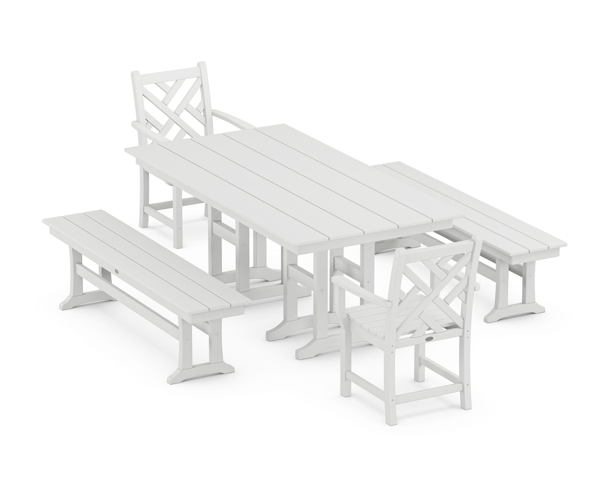 POLYWOOD Chippendale 5-Piece Farmhouse Dining Set with Benches — White