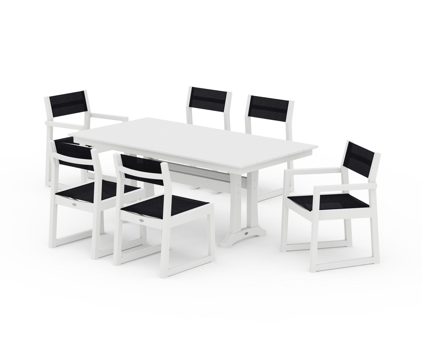 POLYWOOD EDGE Sling 7-Piece Farmhouse Trestle Dining Set — White / Black Sling