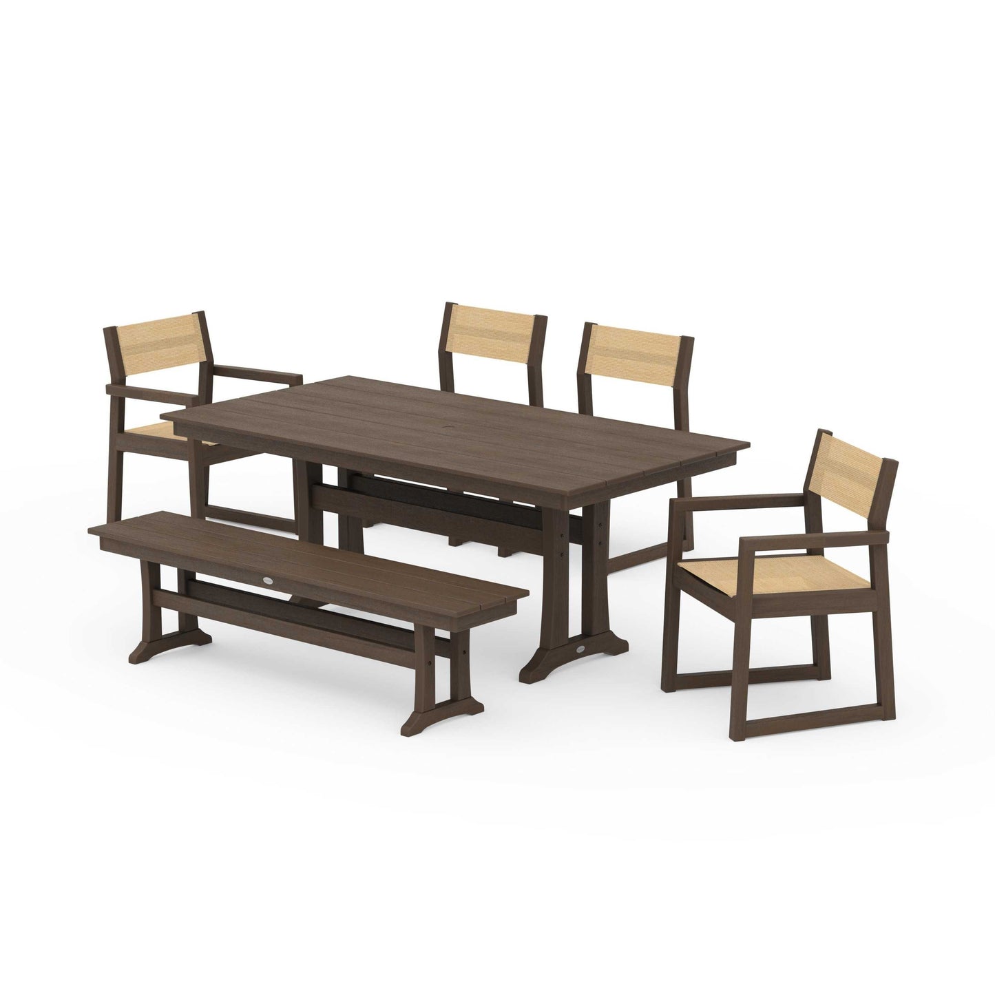 POLYWOOD EDGE Sling 6-Piece Farmhouse Dining Set With Trestle Legs — Kona / Dupioni Apricot Sling