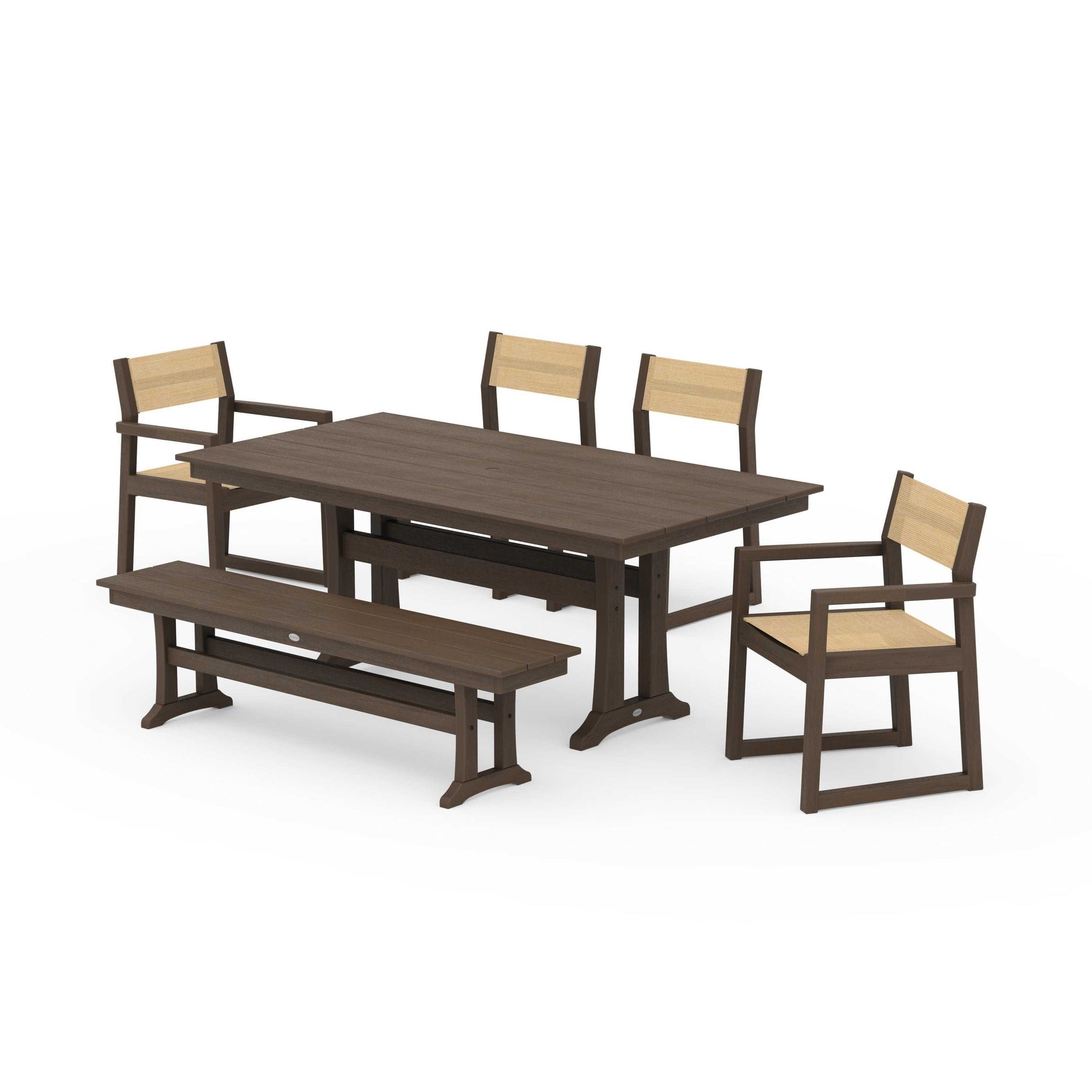 POLYWOOD EDGE Sling 6-Piece Farmhouse Dining Set With Trestle Legs — Kona / Dupioni Apricot Sling