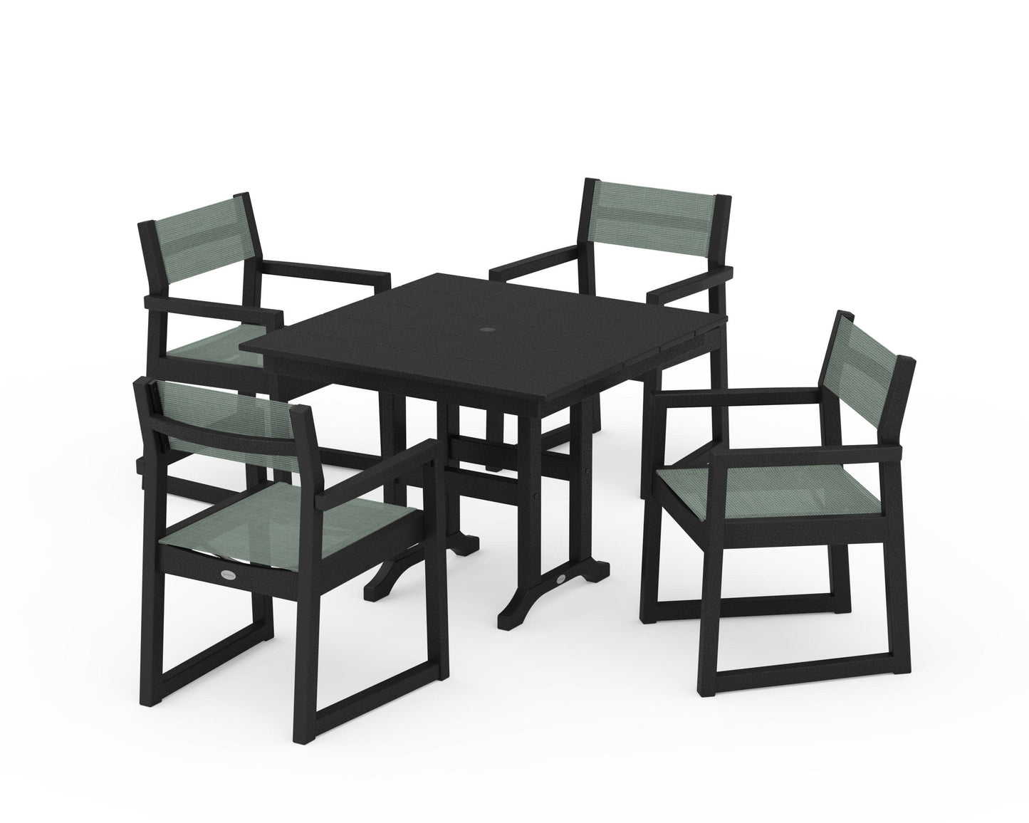 POLYWOOD EDGE Sling Arm Chair 5-Piece Farmhouse Dining Set — Black / Dupioni Sea Mist Sling