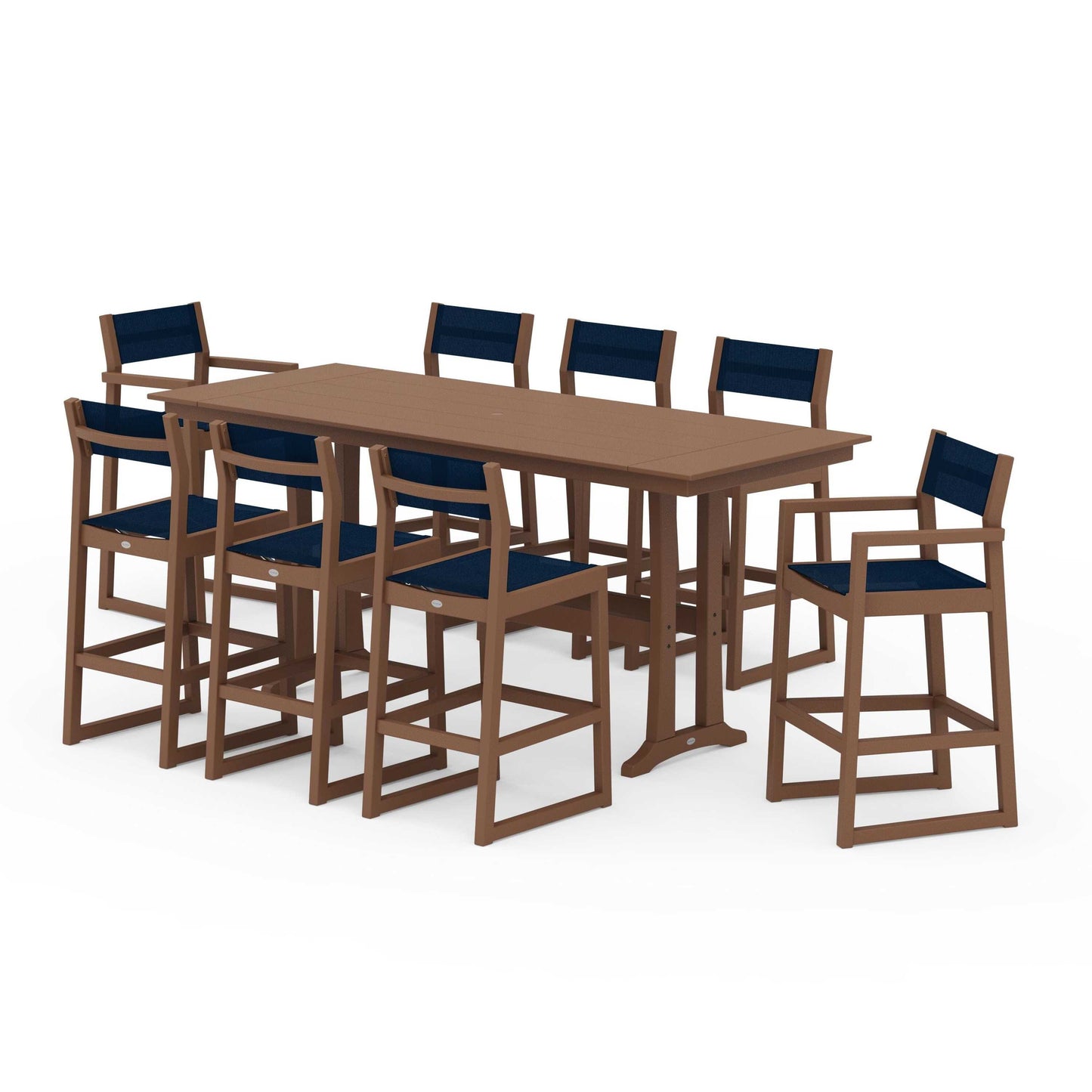 POLYWOOD EDGE Sling 9-Piece Farmhouse Bar Set with Trestle Legs — Teak / Navy Blue Sling