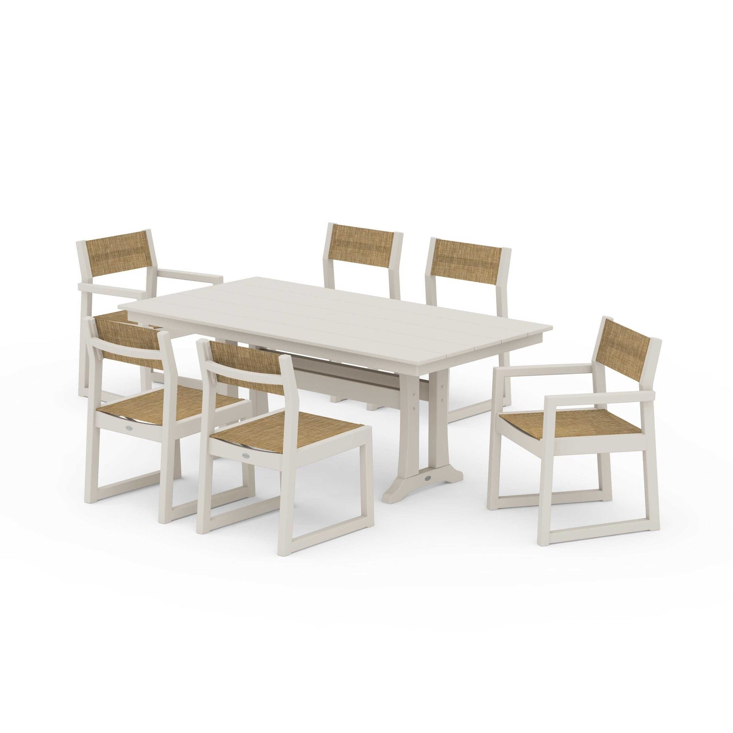 POLYWOOD EDGE Sling 7-Piece Farmhouse Trestle Dining Set — Sand / Burlap Sling