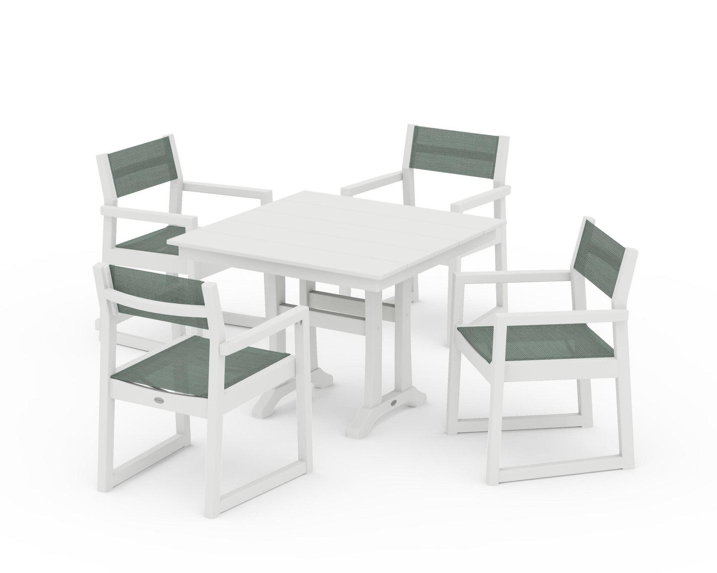 POLYWOOD EDGE Sling 5-Piece Farmhouse Dining Set with Trestle Legs — Vintage White / Dupioni Sea Mist Sling
