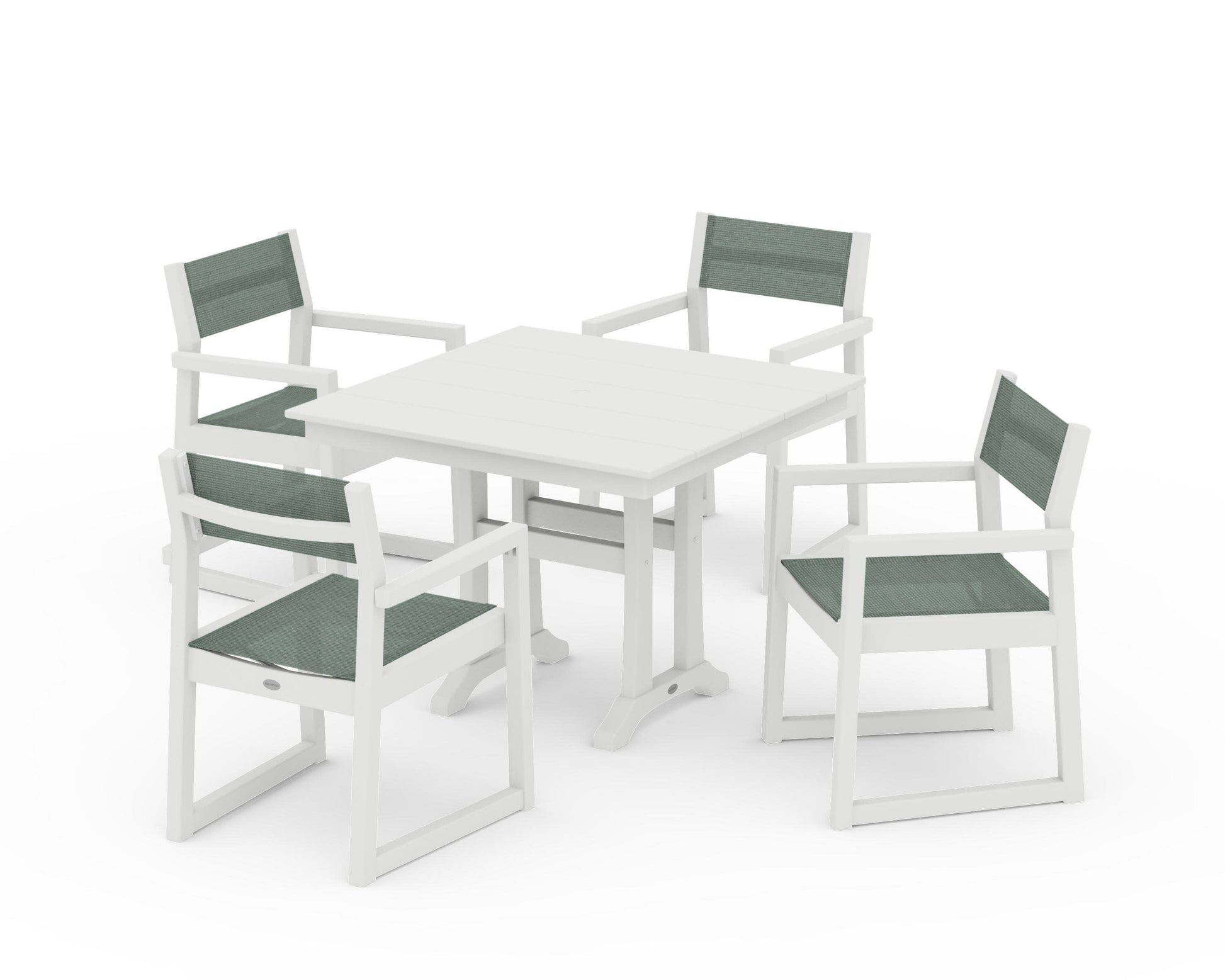 POLYWOOD EDGE Sling 5-Piece Farmhouse Dining Set with Trestle Legs — Vintage White / Dupioni Sea Mist Sling
