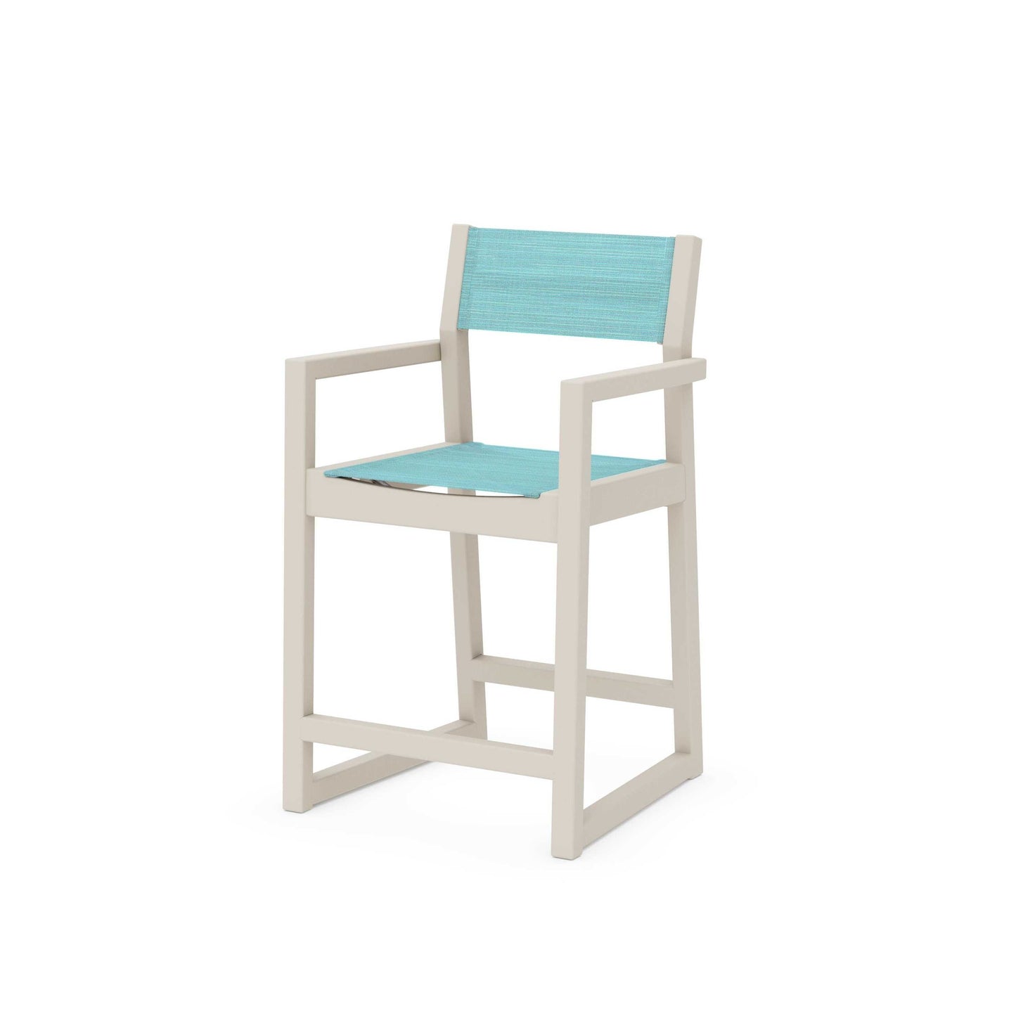 POLYWOOD EDGE Sling Counter Arm Chair — Sand / Dupioni Aquamarine Sling