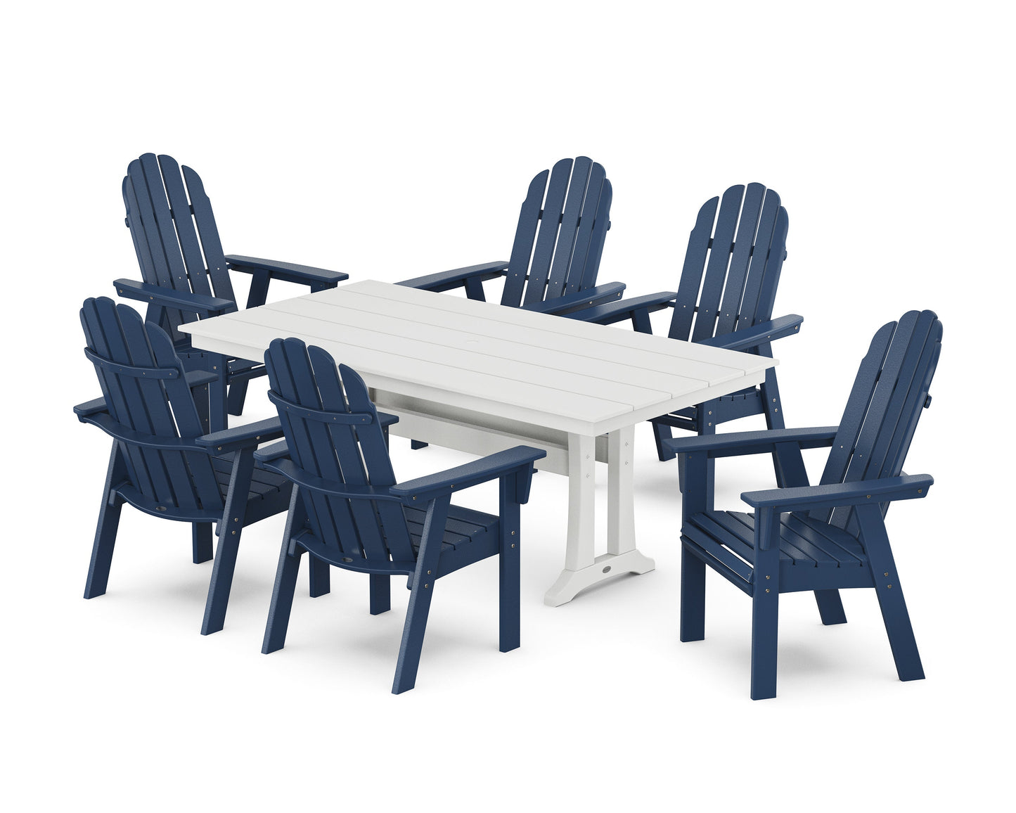POLYWOOD Vineyard Curveback Adirondack Chair 7-Piece Farmhouse Dining Set with Trestle Legs — Navy / White