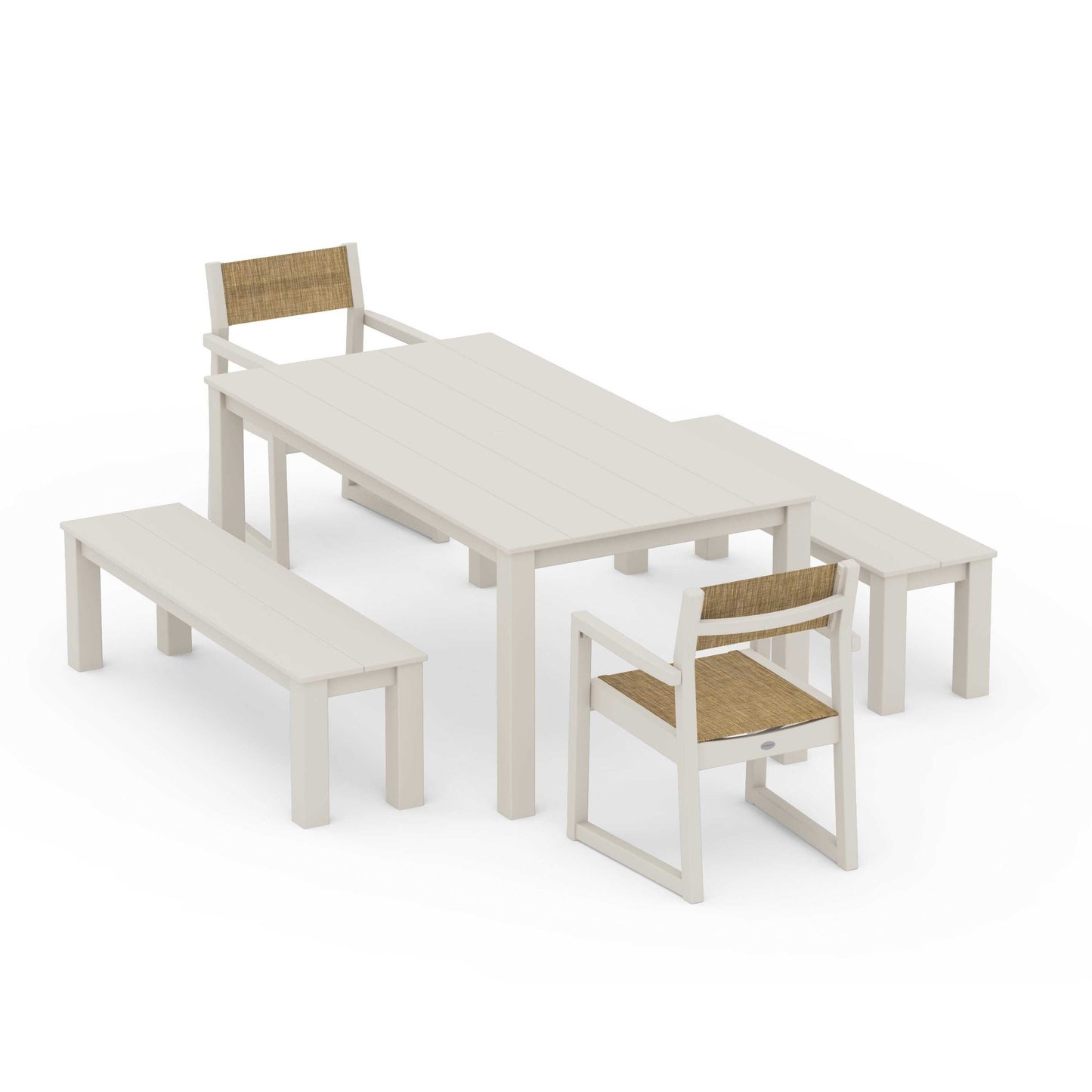 POLYWOOD EDGE Sling Arm Chair 5-Piece Parsons Dining Set with Benches — Sand / Burlap Sling