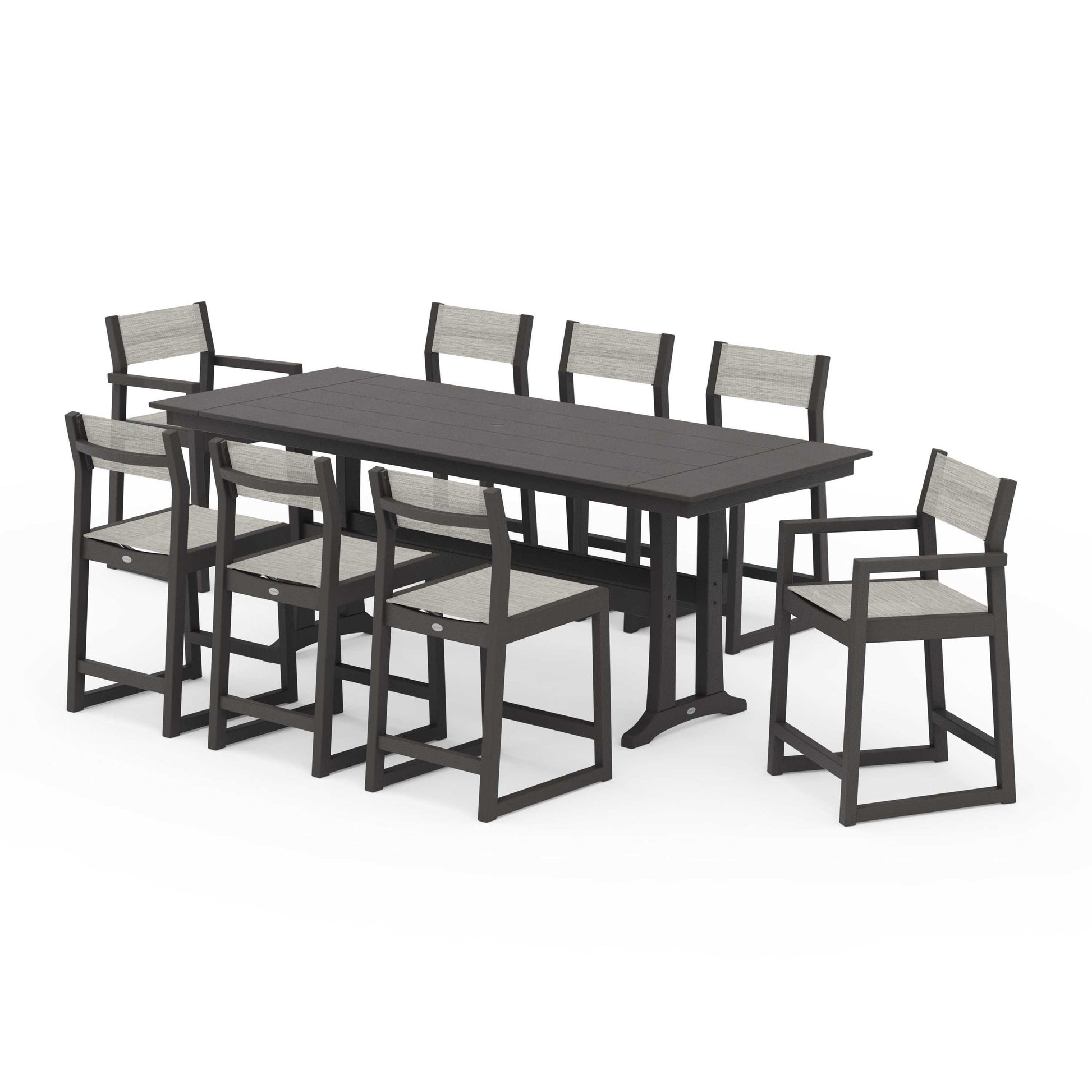 POLYWOOD EDGE Sling 9-Piece Farmhouse Counter Set with Trestle Legs — Vintage Coffee / Birch Sling