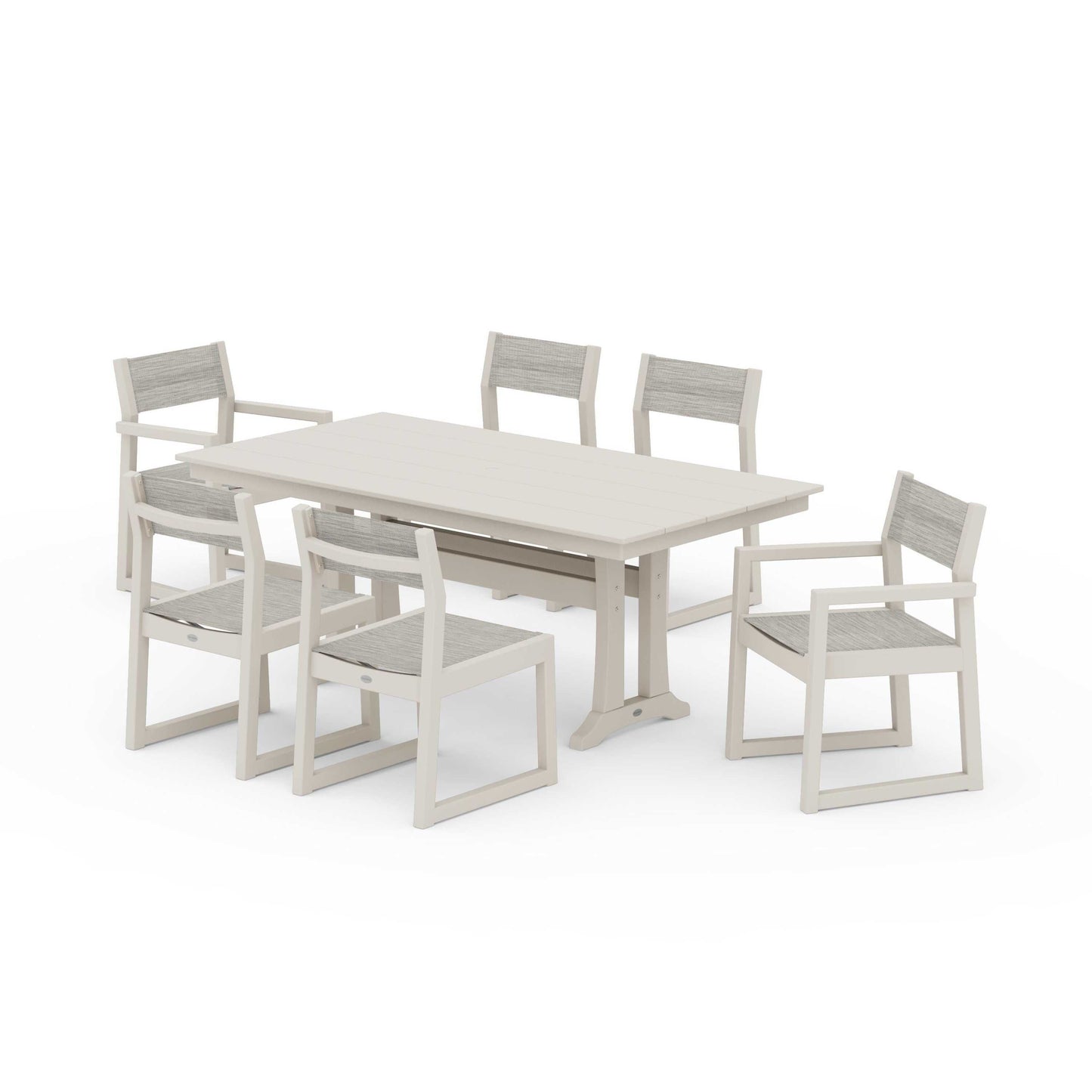 POLYWOOD EDGE Sling 7-Piece Farmhouse Trestle Dining Set — Sand / Birch Sling