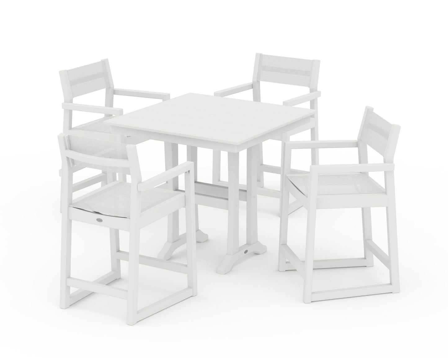 POLYWOOD EDGE Sling Arm Chair 5-Piece Farmhouse Counter Set with Trestle Legs — White / White Sling