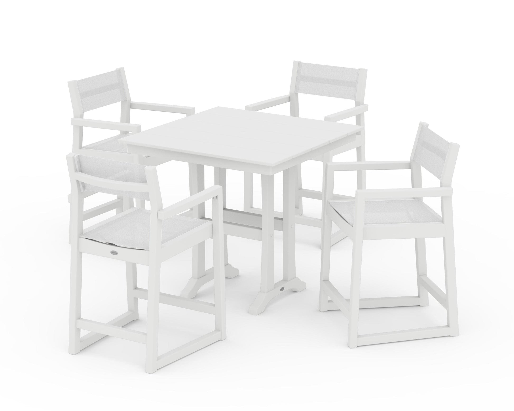 POLYWOOD EDGE Sling Arm Chair 5-Piece Farmhouse Counter Set with Trestle Legs — White / White Sling