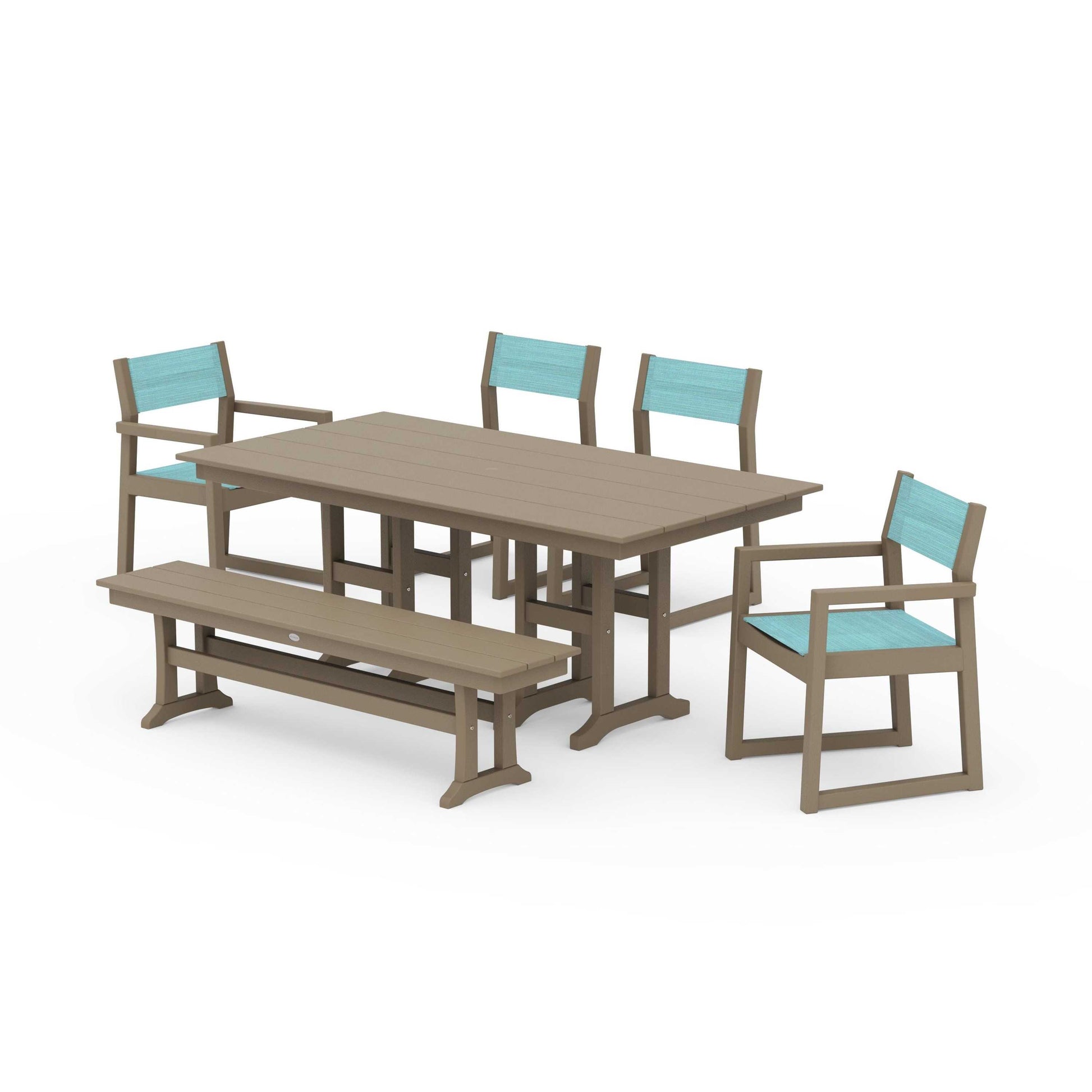 POLYWOOD EDGE Sling 6-Piece Farmhouse Dining Set — Vintage Sahara / Dupioni Aquamarine Sling