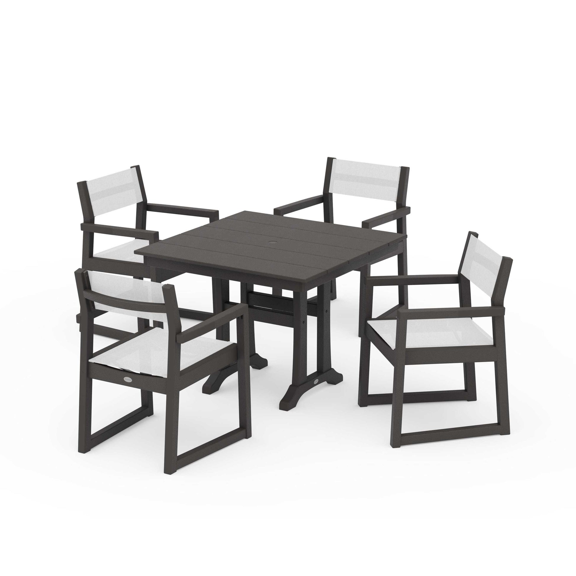 POLYWOOD EDGE Sling 5-Piece Farmhouse Dining Set with Trestle Legs — Vintage Coffee / White Sling