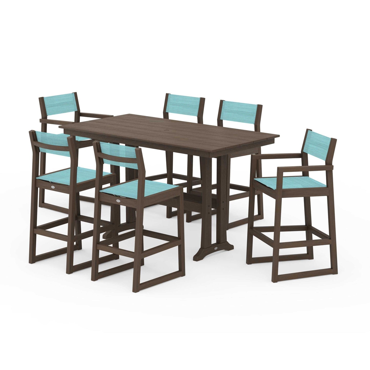 POLYWOOD EDGE Sling 7-Piece Farmhouse Bar Set with Trestle Legs — Kona / Dupioni Aquamarine Sling