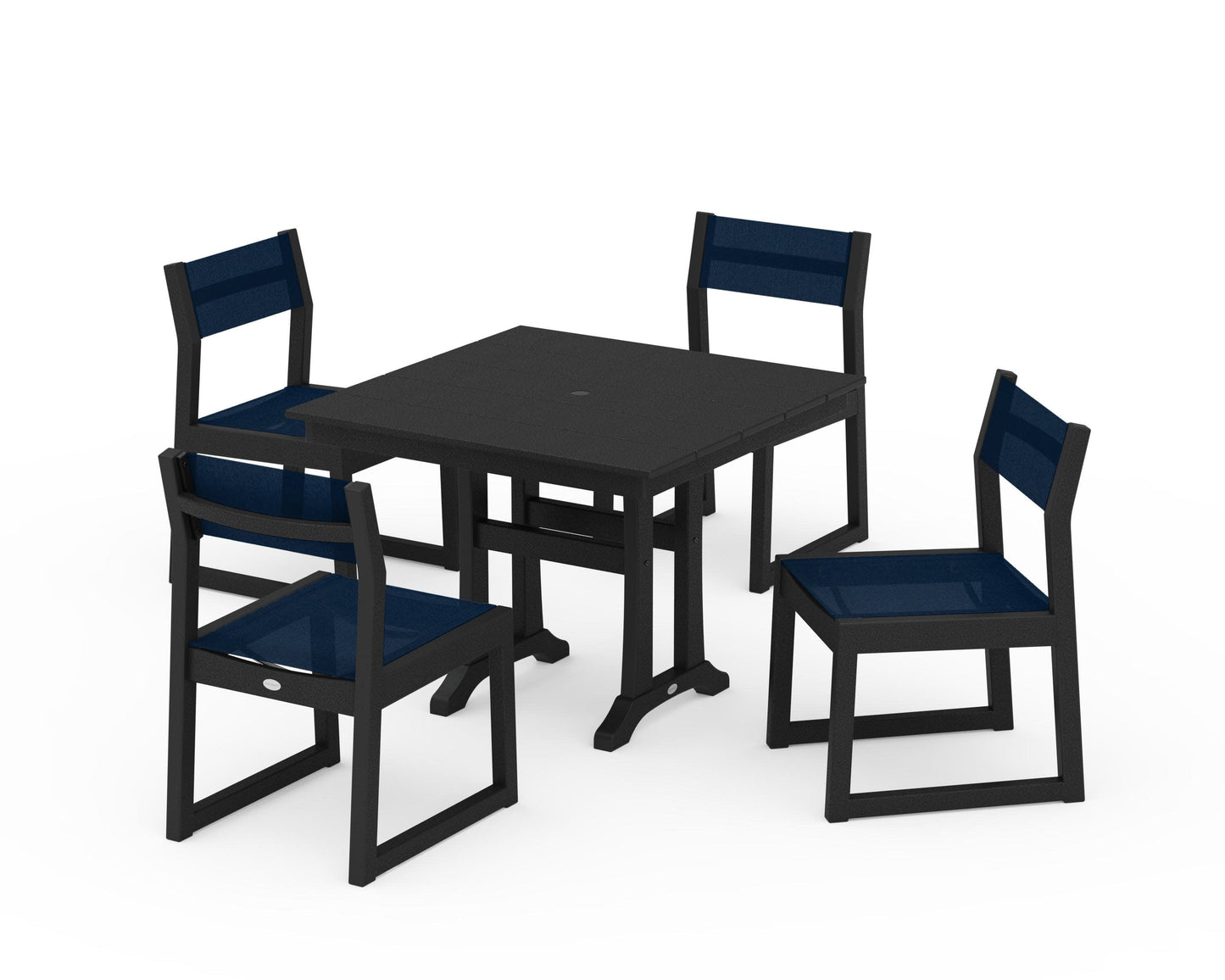 POLYWOOD EDGE Sling 5-Piece Farmhouse Trestle Side Chair Dining Set — Black / Navy Blue Sling