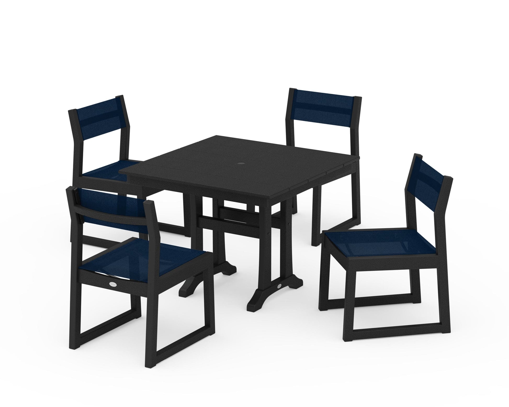 POLYWOOD EDGE Sling 5-Piece Farmhouse Trestle Side Chair Dining Set — Black / Navy Blue Sling