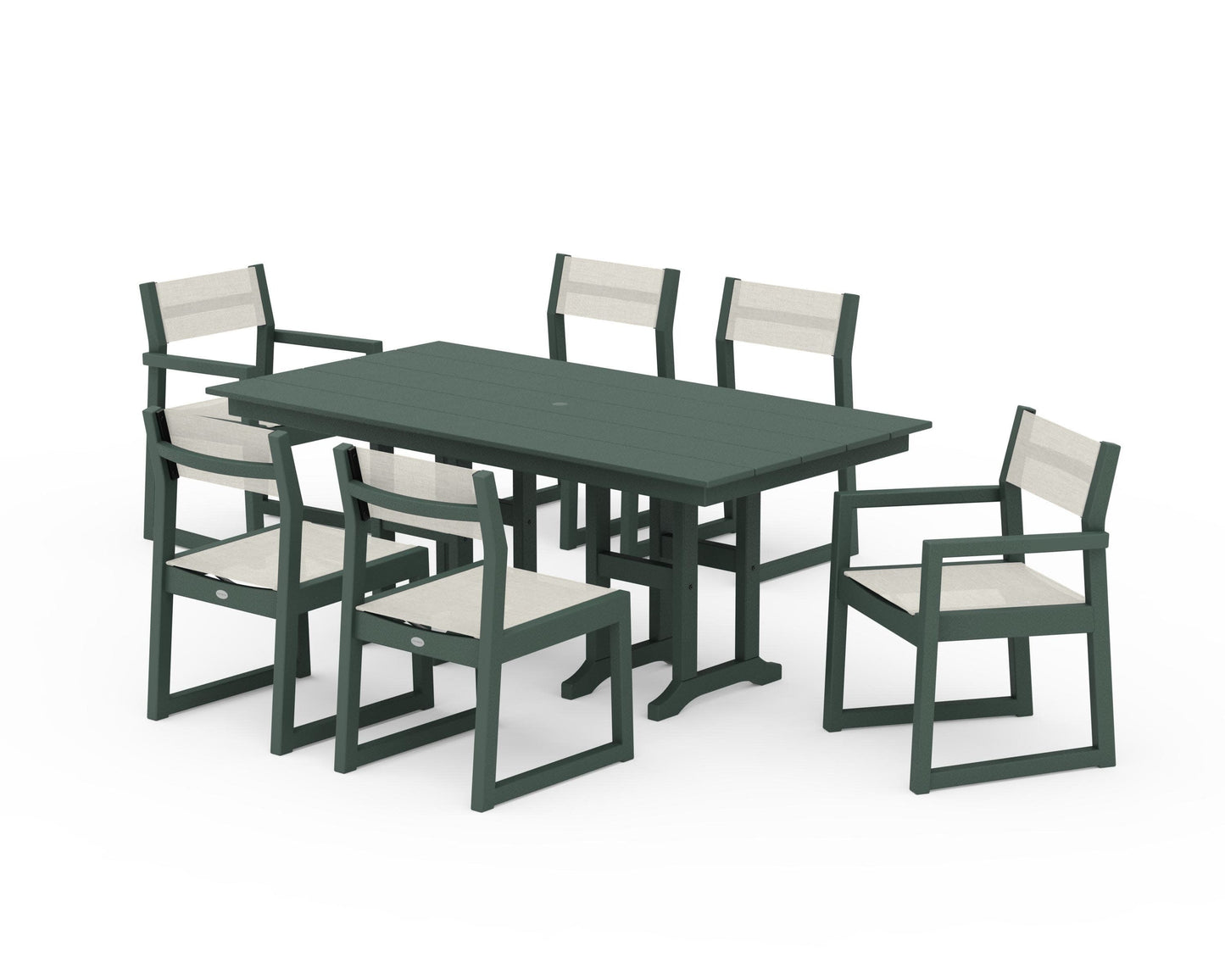 POLYWOOD EDGE Sling 7-Piece Farmhouse Dining Set — Green / Parchment Sling