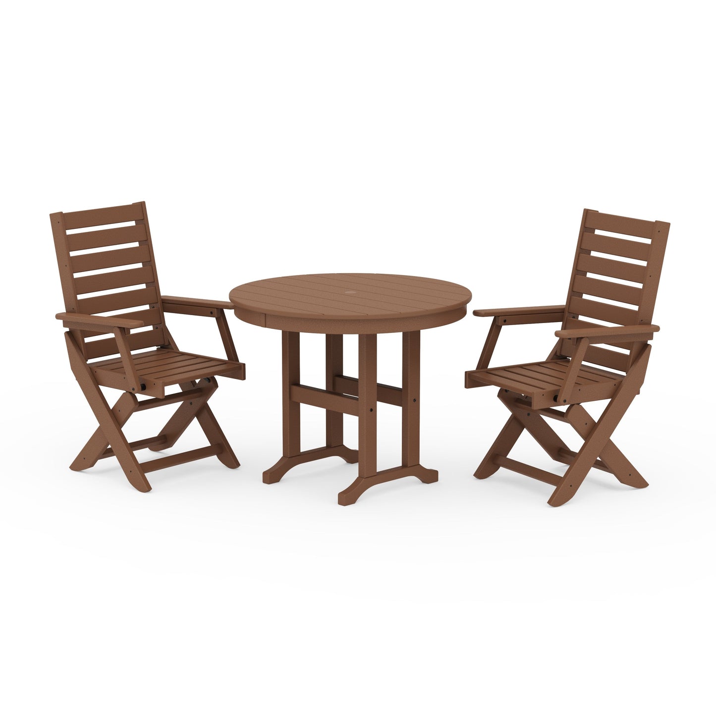 POLYWOOD Captain Folding Chair 3-Piece Round Dining Set — Teak