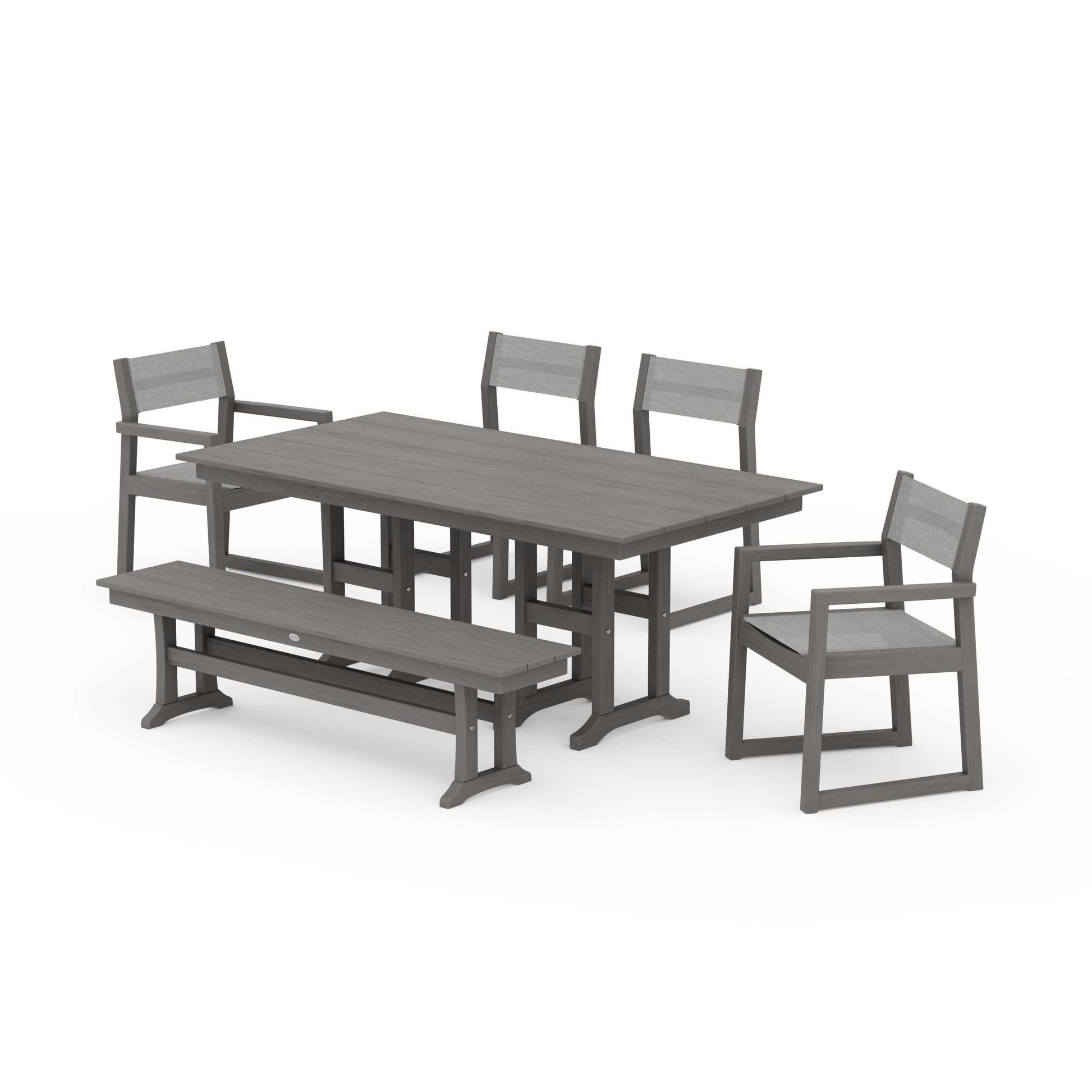 POLYWOOD EDGE Sling 6-Piece Farmhouse Dining Set — Driftwood / Metallic Sling