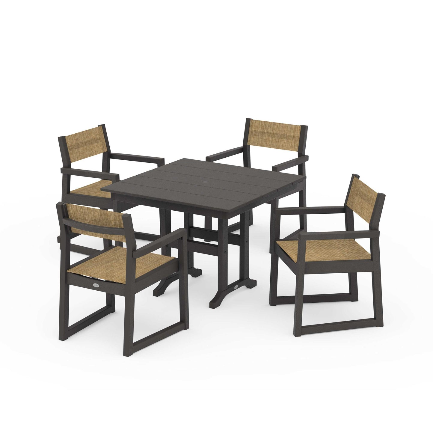 POLYWOOD EDGE Sling Arm Chair 5-Piece Farmhouse Dining Set — Vintage Coffee / Burlap Sling