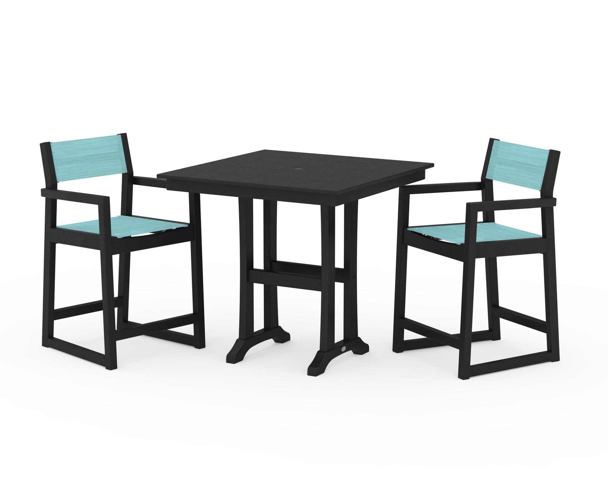 POLYWOOD EDGE Sling Arm Chair 3-Piece Farmhouse Counter Set with Trestle Legs — Black / Dupioni Aquamarine Sling