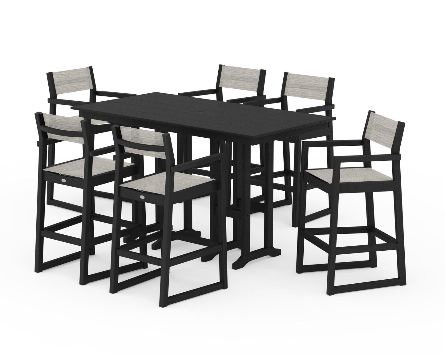 POLYWOOD EDGE Sling Arm Chair 7-Piece Farmhouse Bar Set — Black / Birch Sling