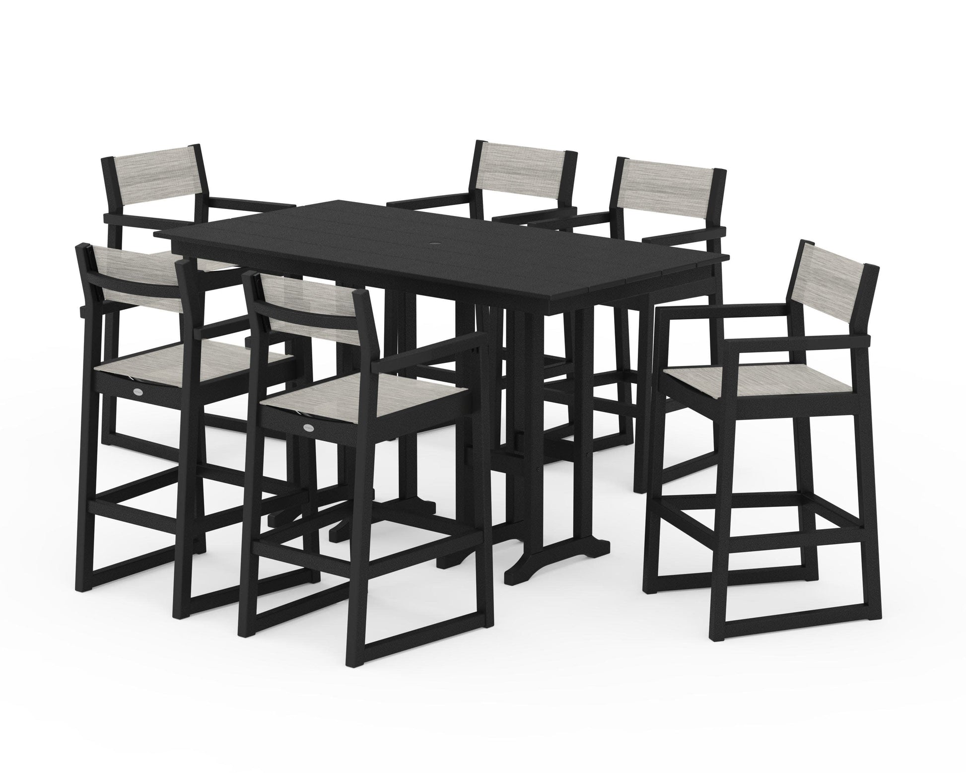POLYWOOD EDGE Sling Arm Chair 7-Piece Farmhouse Bar Set — Black / Birch Sling