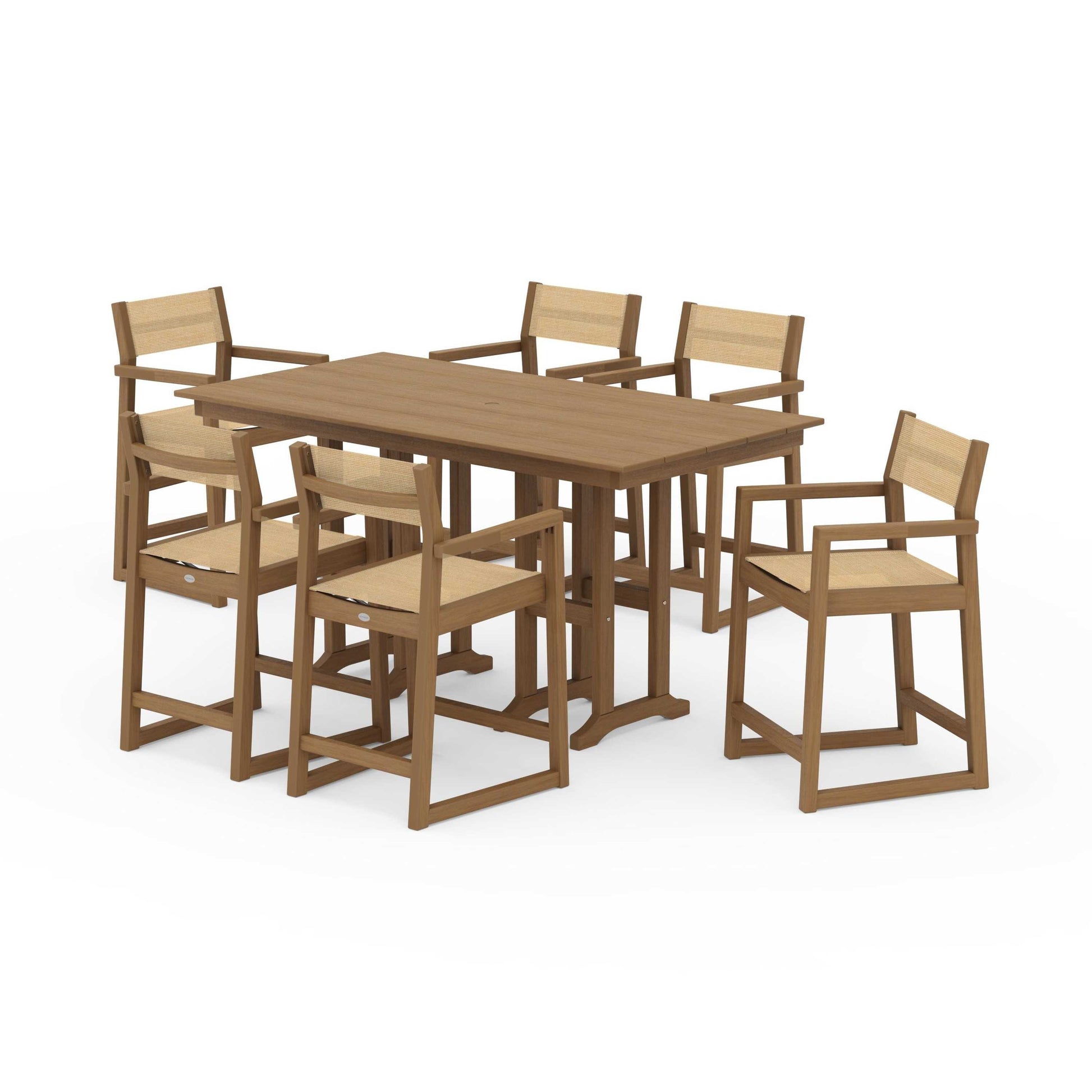 POLYWOOD EDGE Sling Arm Chair 7-Piece Farmhouse Counter Set — Natural / Dupioni Apricot Sling