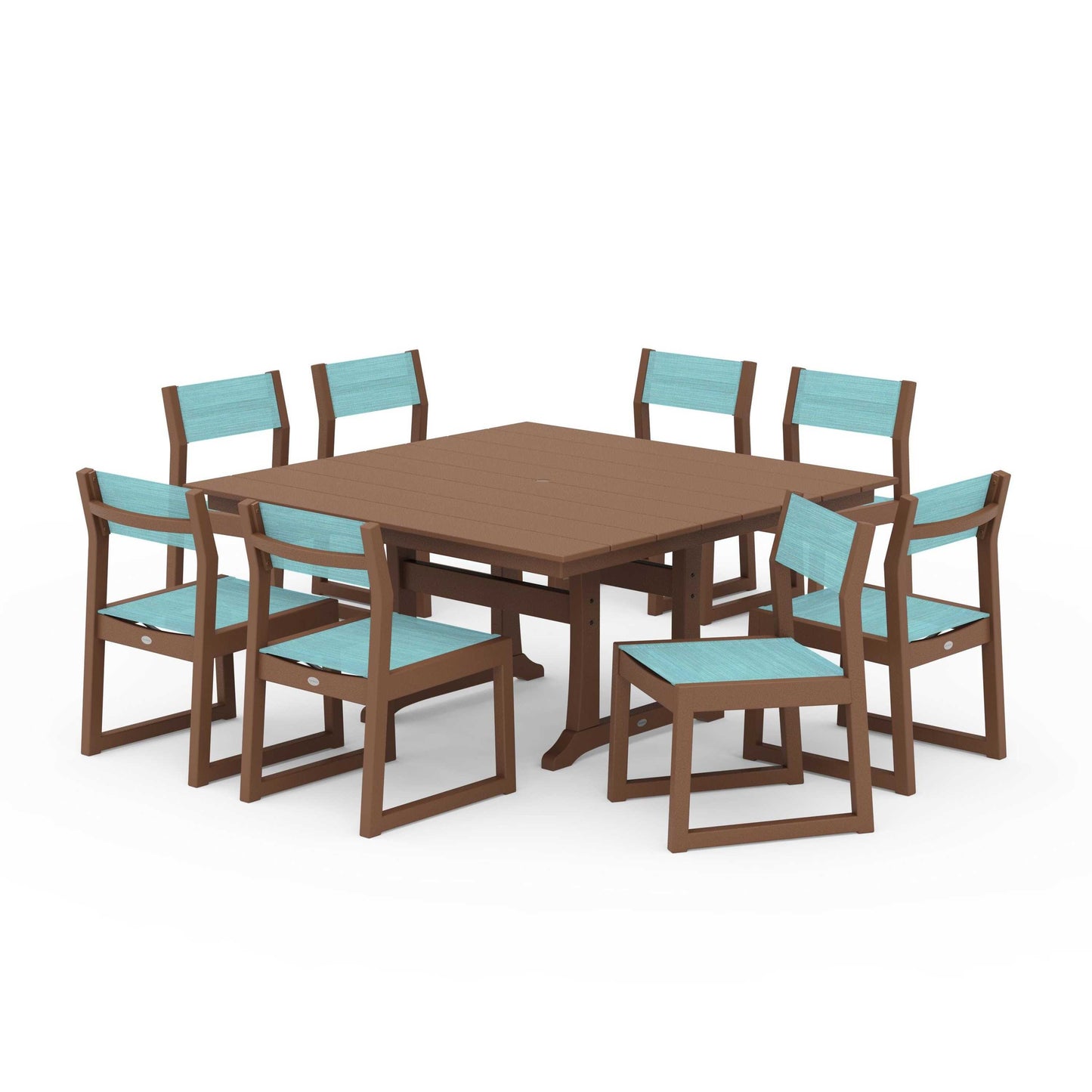 POLYWOOD EDGE Sling Side Chair 9-Piece Farmhouse Trestle Dining Set — Teak / Dupioni Aquamarine Sling