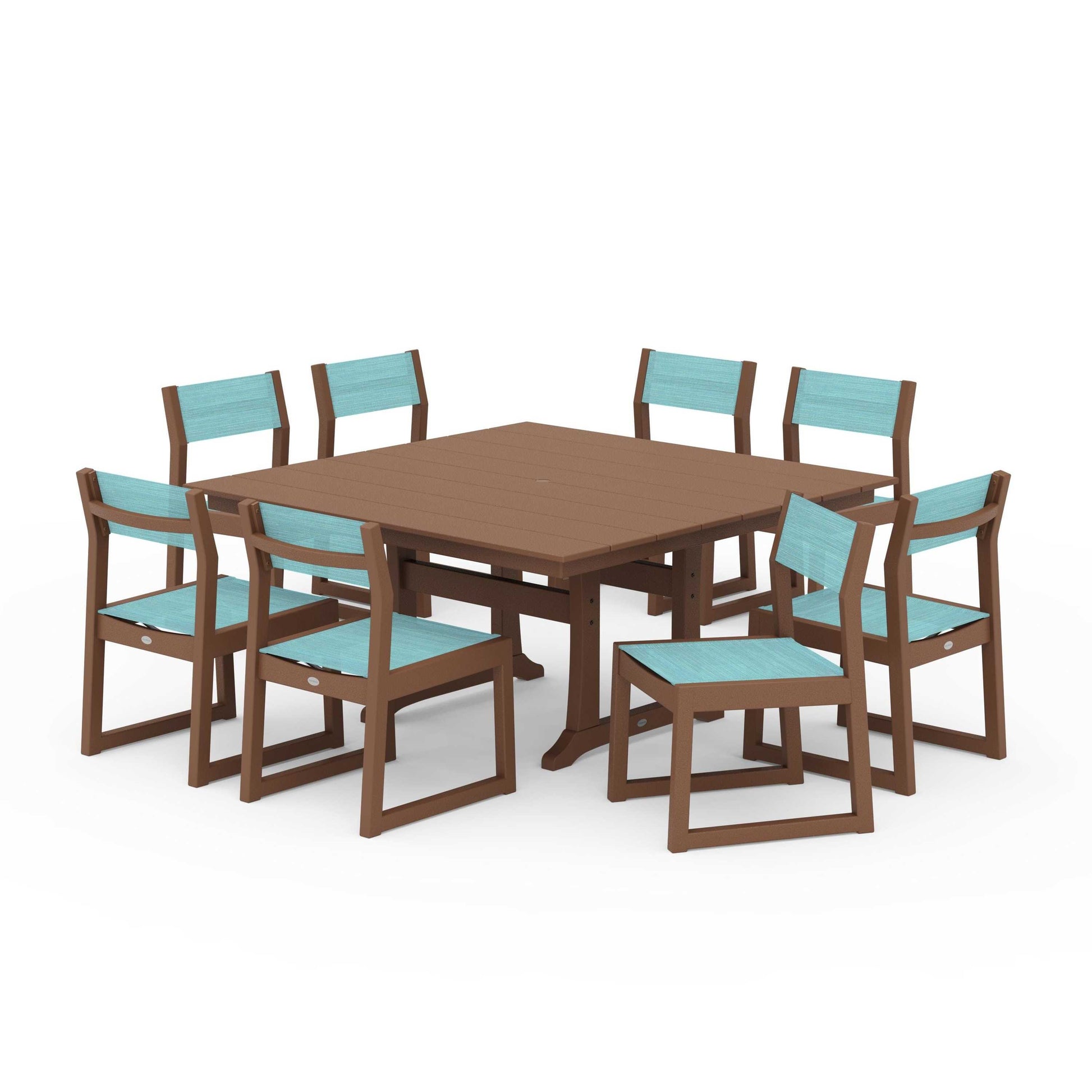POLYWOOD EDGE Sling Side Chair 9-Piece Farmhouse Trestle Dining Set — Teak / Dupioni Aquamarine Sling