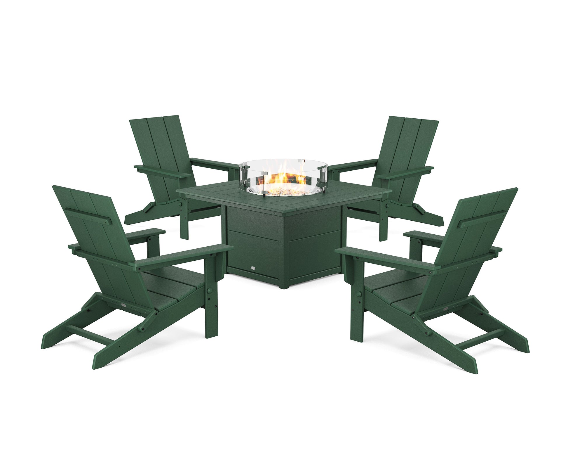POLYWOOD 5-Piece Modern Studio Folding Adirondack Conversation Set with Fire Pit Table — Green